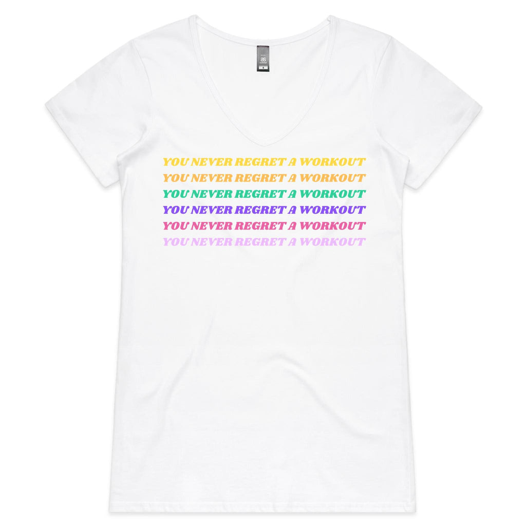You Never Regret A Workout - Womens V-Neck T-Shirt White Womens Active V-Neck T-shirt Fitness Printed In Australia