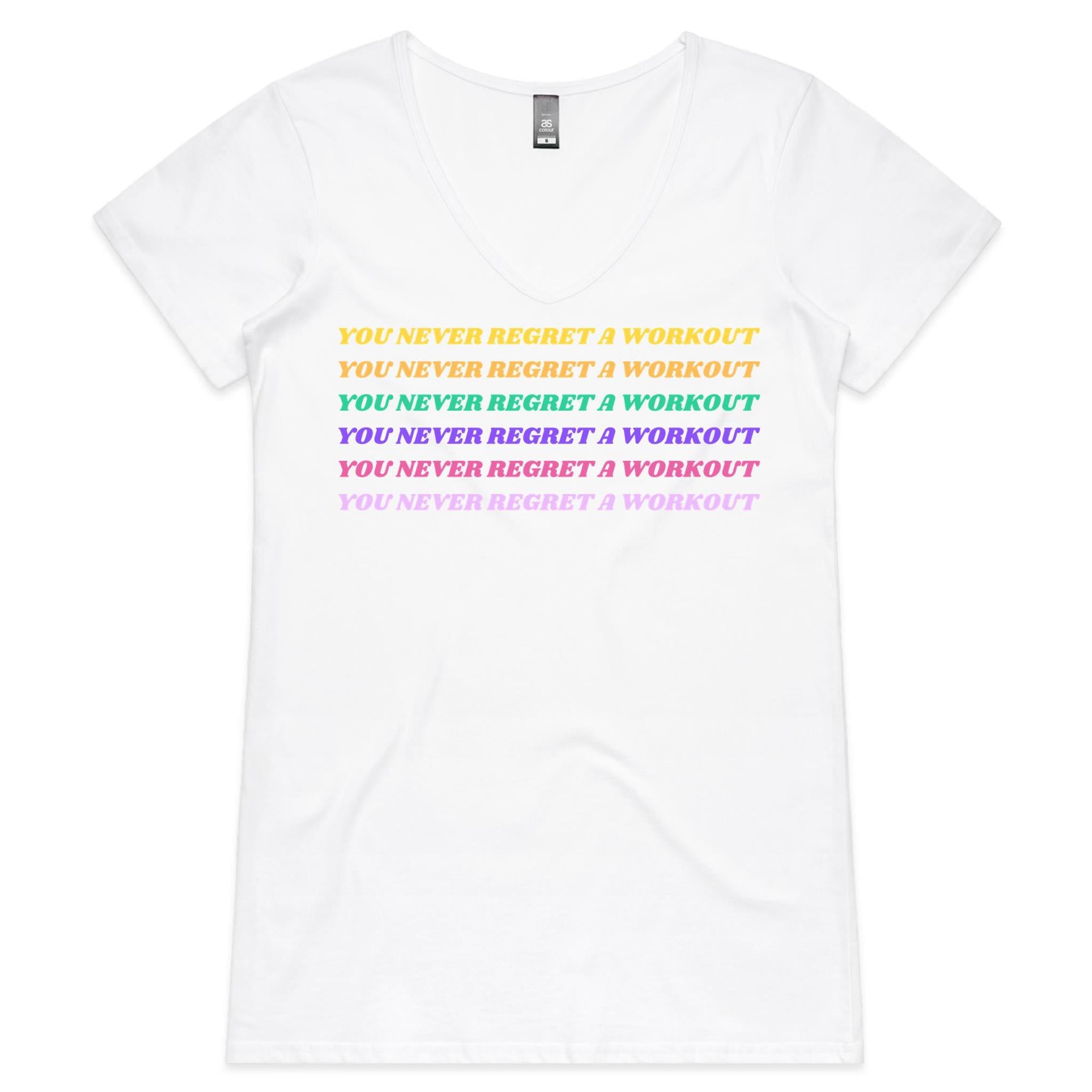 You Never Regret A Workout - Womens V-Neck T-Shirt White Womens Active V-Neck T-shirt Fitness Printed In Australia
