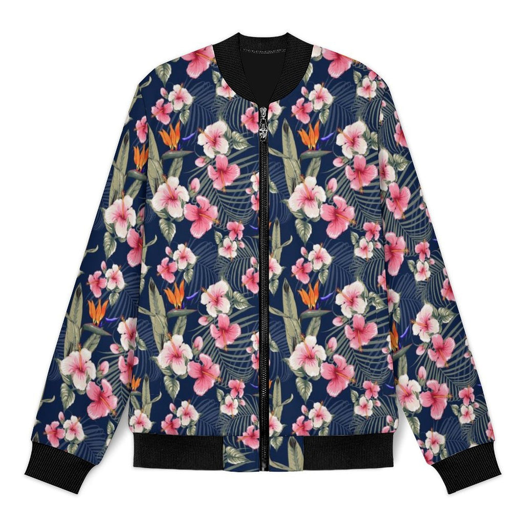 Dark Hawaiian Floral Men's Casual Zip‑Up Bomber Jacket