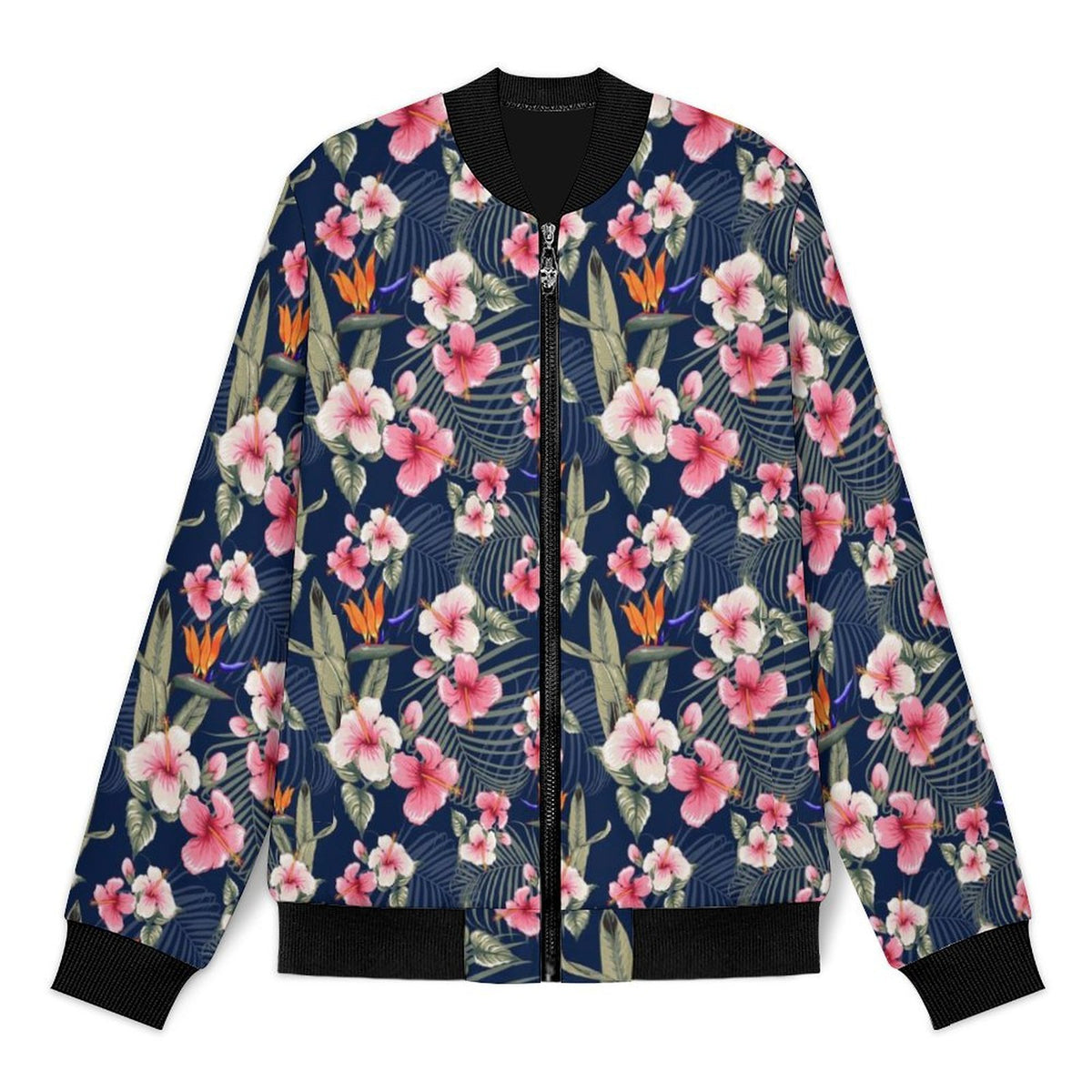 Dark Hawaiian Floral Men's Casual Zip‑Up Bomber Jacket
