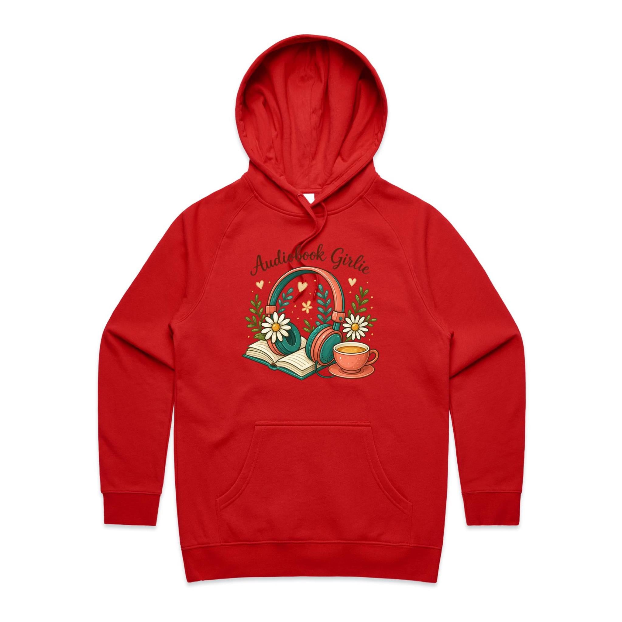 Audiobook Girlie - Womens Hoodie Red Womens 2XL Womens Hoodie Printed In Australia Reading