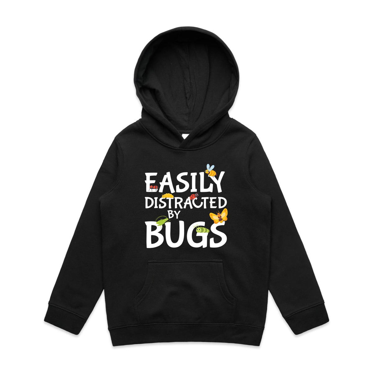 Easily Distracted By Bugs Kids AS Colour Hoodie Black Kids Hoodie Printed In Australia