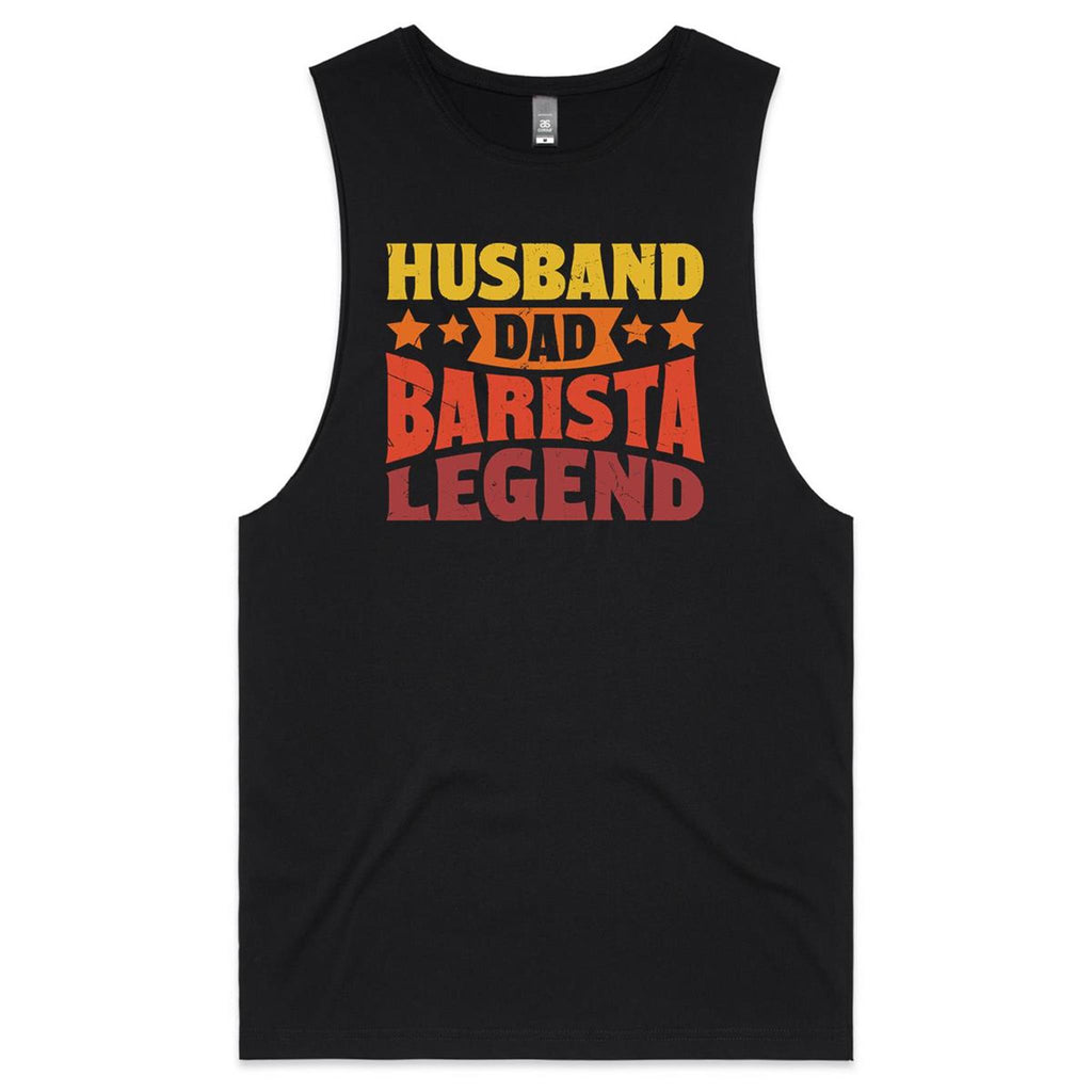 Husband, Dad, Barista, Legend Men's AS Colour Tank Top Black Drop Arm Tank Top Coffee Dad Printed In Australia