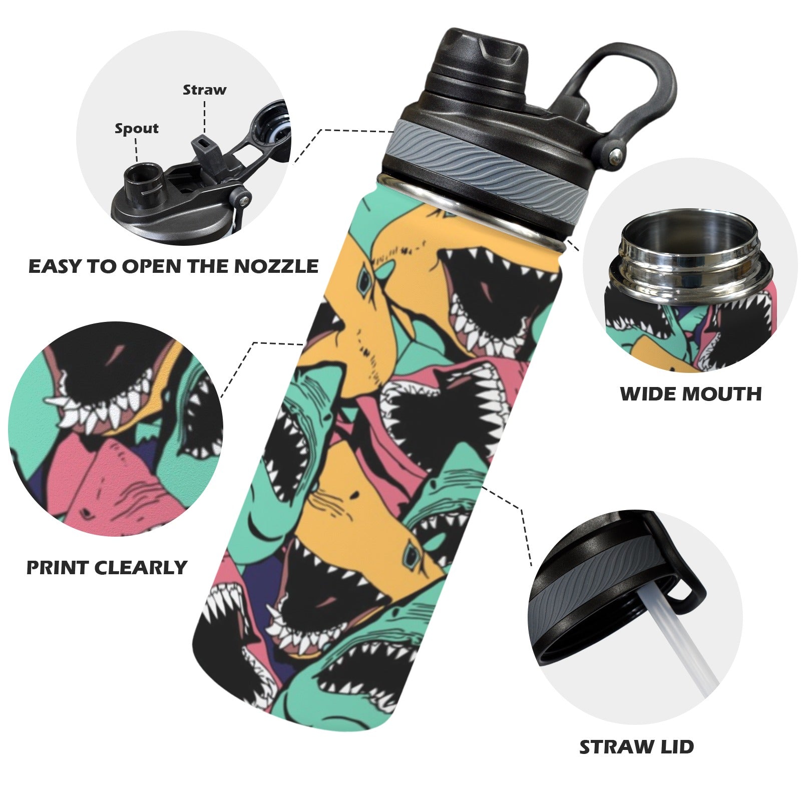 Scary Sharks - Insulated Water Bottle with Dual-Use Lid (18oz) Insulated Water Bottle with Dual-Use Lid (18oz) animal Ocean Printed Offshore
