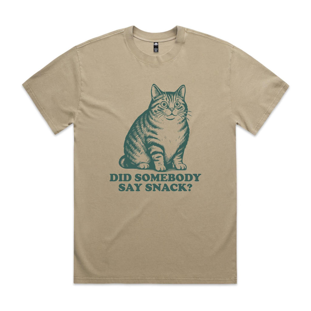 Cat, Did Somebody Say Snack AS Colour Heavy Faded Tee Unisex Faded khaki Heavy Faded T-shirt animal Food Printed In Australia