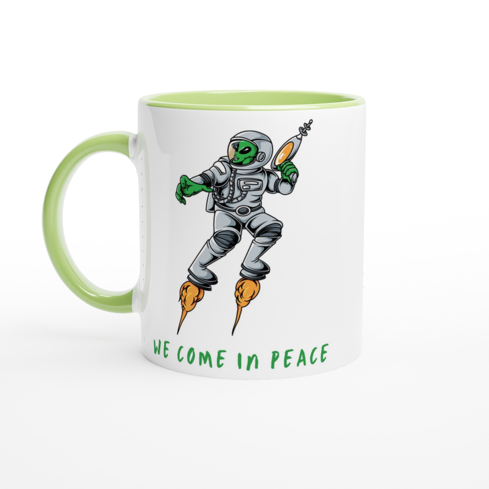 Alien, We Come In Peace - White 11oz Ceramic Mug with Colour Inside Ceramic Green Colour 11oz Mug funny Globally Fulfilled Sci Fi