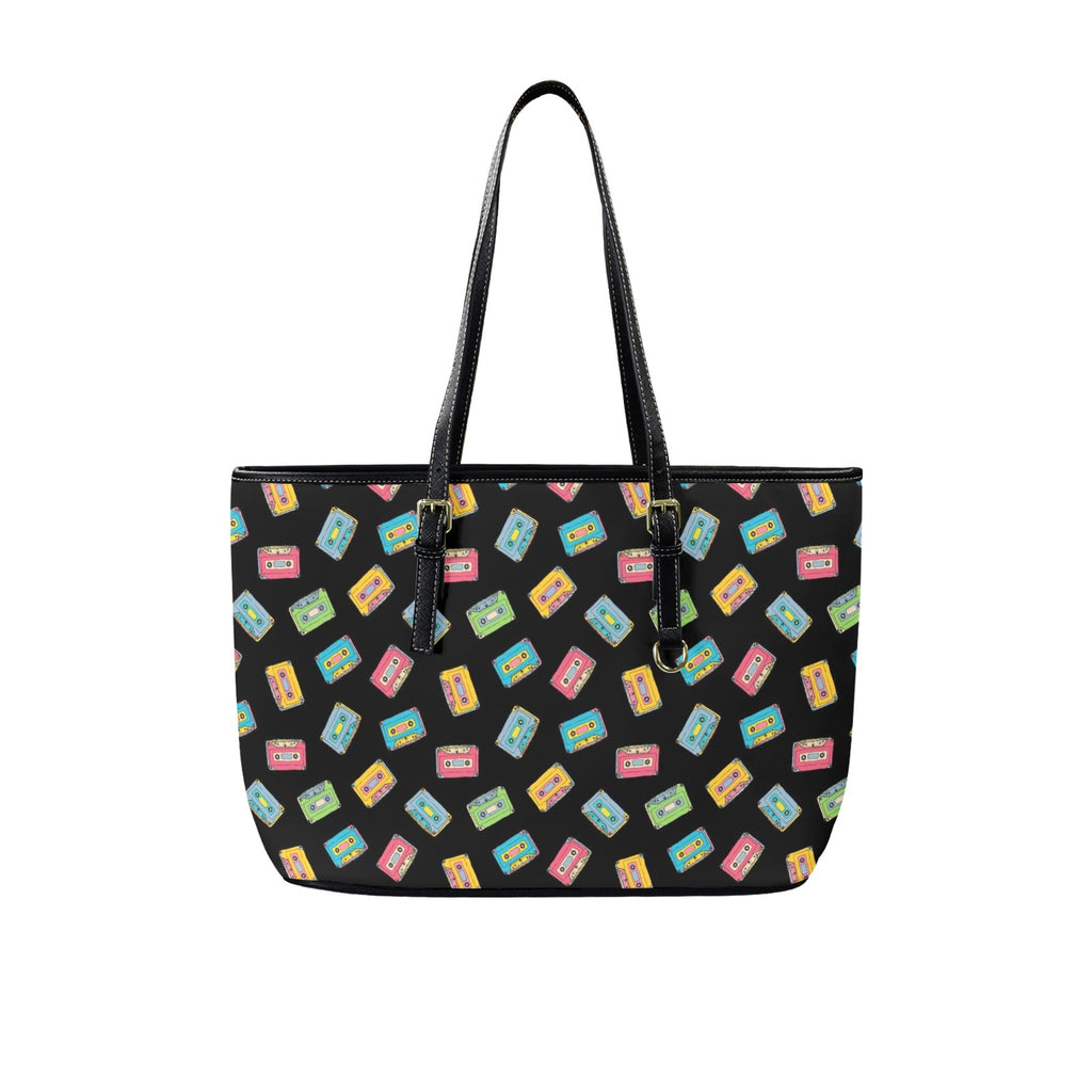 Colourful Cassettes PU Leather Tote Bag Large One Size Leather Tote Bag-Large Music Printed Offshore Retro