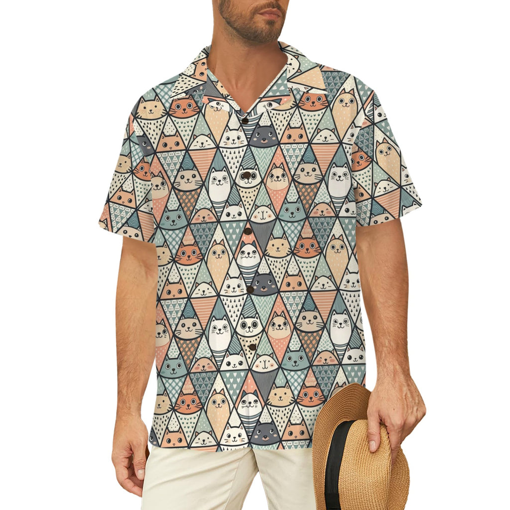Diamond Cat Pattern Men's Short Sleeve Hawaiian Shirt Men's Hawaiian Shirt (New) animal Printed Offshore