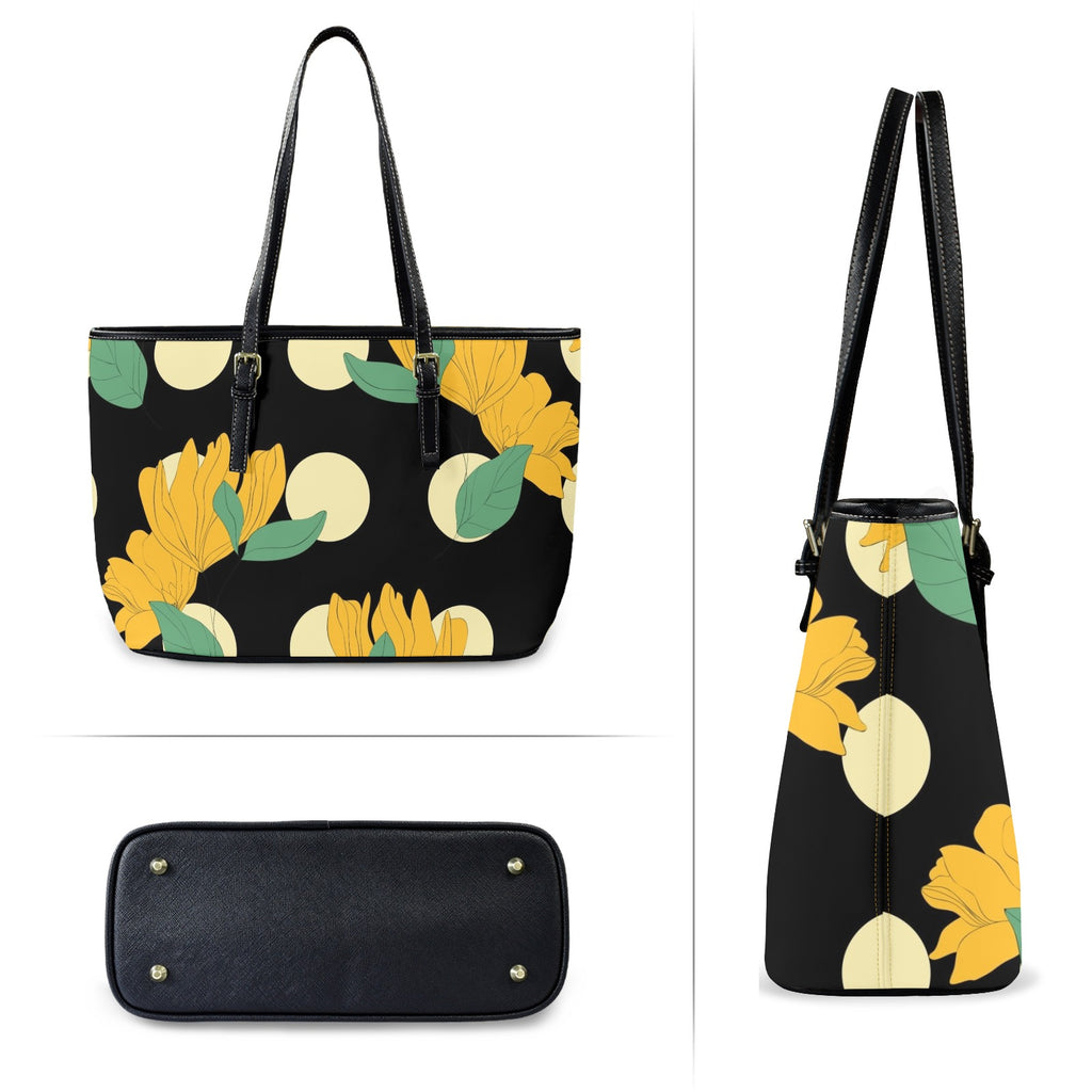 Yellow Flowers And Dots - Leather Tote Bag-Large