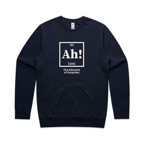 Ah! The Element Of Surprise AS Colour Stencil Crew Sweatshirt Navy Sweatshirt Printed In Australia Science