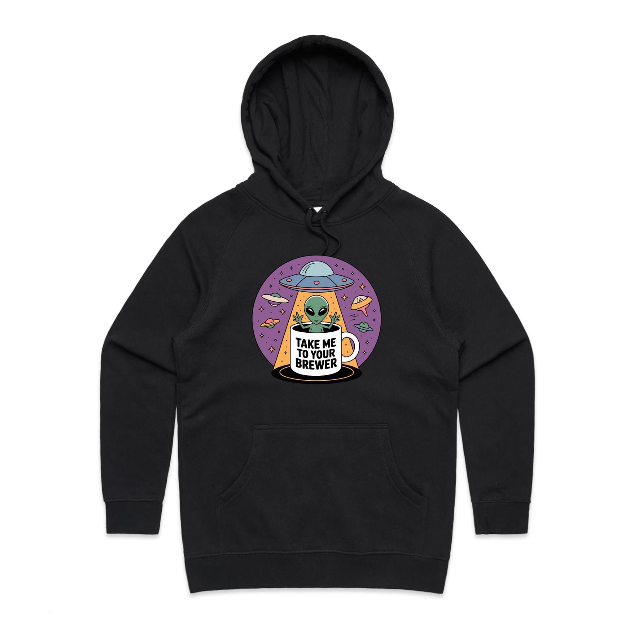 Coffee, Alien, UFO, Take Me To Your Brewer Women's AS Colour Hoodie Black Womens Hoodie Coffee Printed In Australia Sci Fi