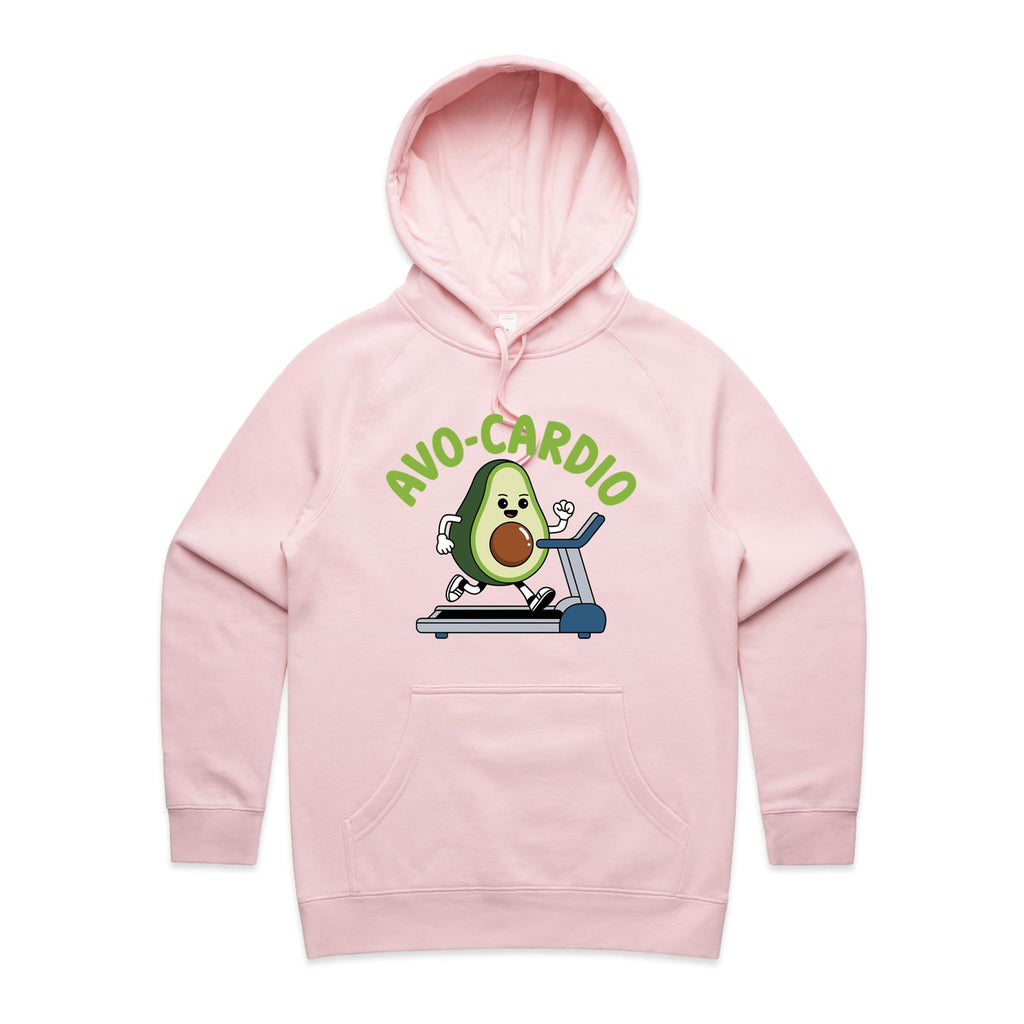 Avo-Cardio, Avocado Treadmill - Womens Hoodie Pink Womens Hoodie Fitness Food Printed In Australia
