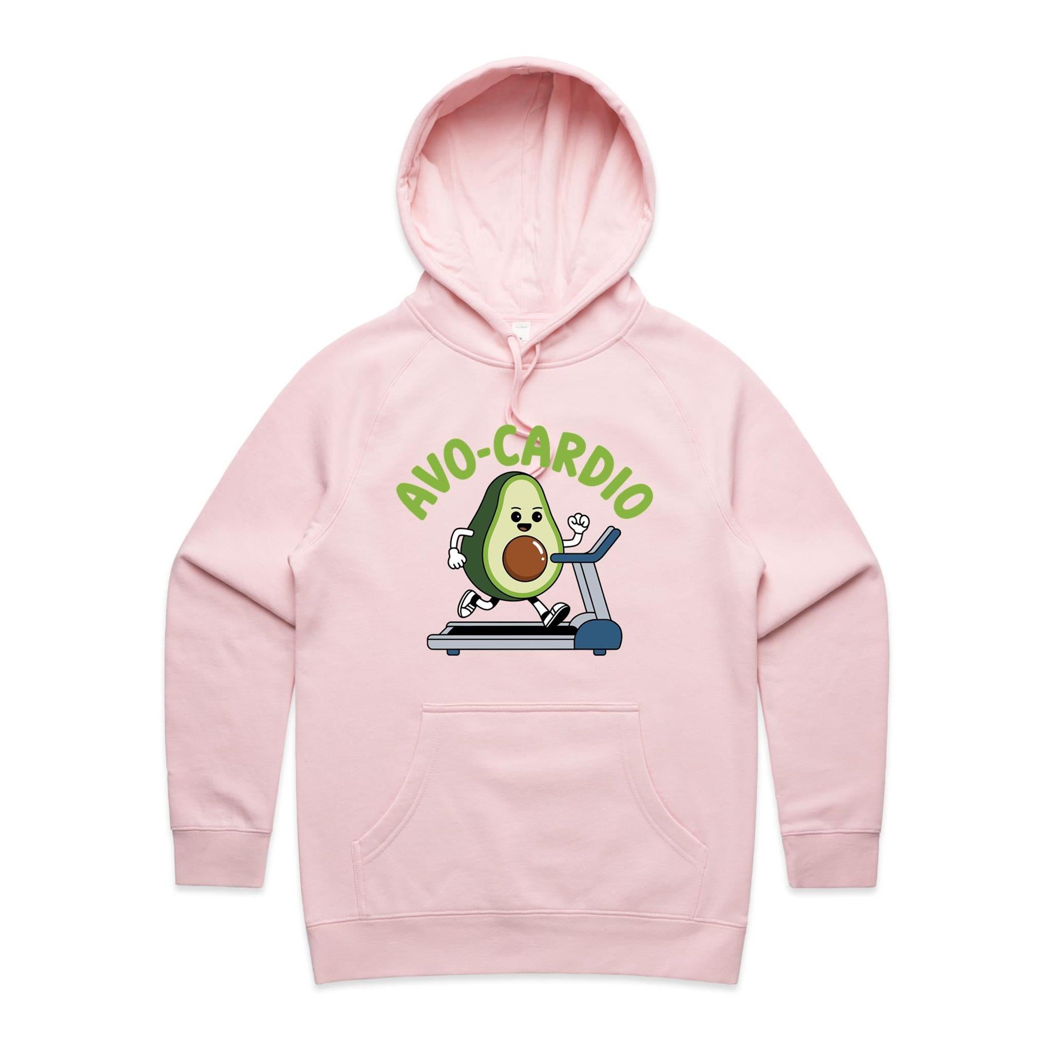 Avo-Cardio, Avocado Treadmill - Womens Hoodie Pink Womens Hoodie Fitness Food Printed In Australia