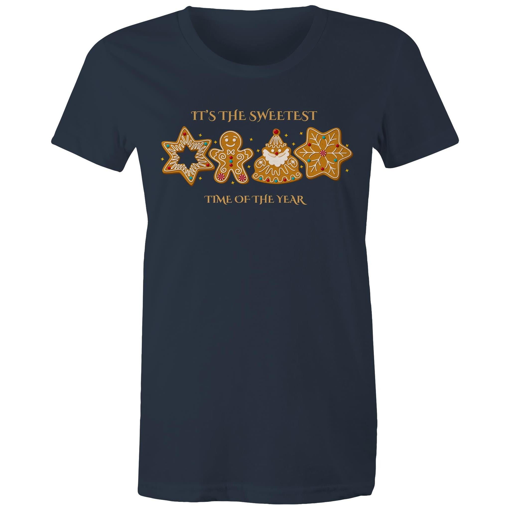 Christmas Gingerbread, Its The Sweetest Time Of The Year - Womens T-shirt Navy Womens Christmas T-shirt Christmas Printed In Australia