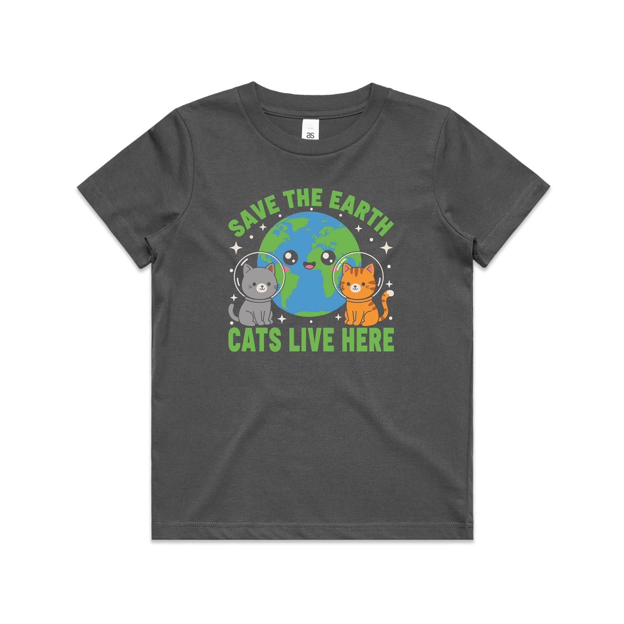 Save The Earth, Cats Live Here - Kid's AS Colour T-shirt Charcoal Kids Youth T-shirt animal Environment Printed In Australia