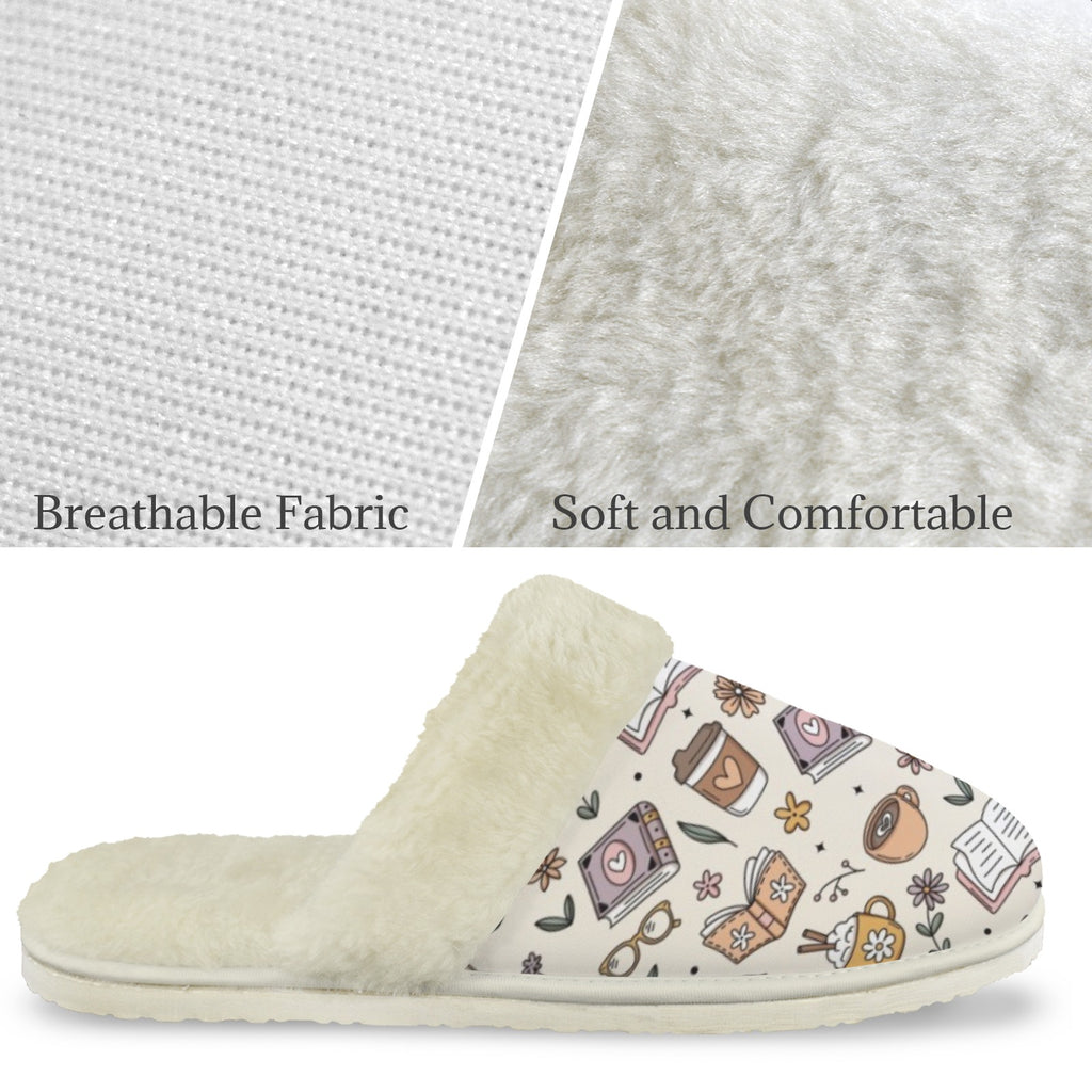 Books And Coffee Women's Fur Trim Thick-Sole Indoor Slippers Women's Fur Trimmed Slippers animal Printed Offshore Reading