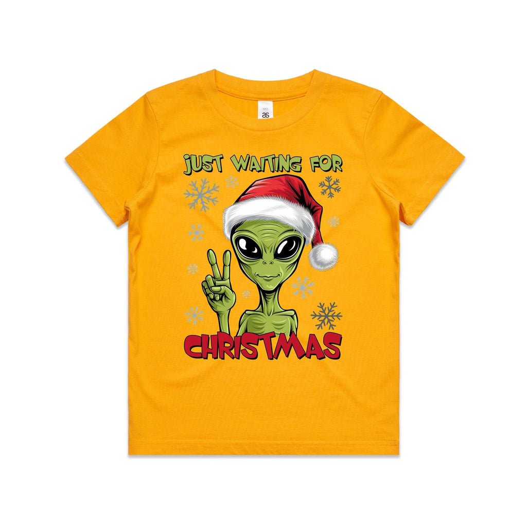 Just Waiting For Christmas, Alien - Kids Youth T-shirt Gold Kids Christmas T-shirt Christmas Printed In Australia