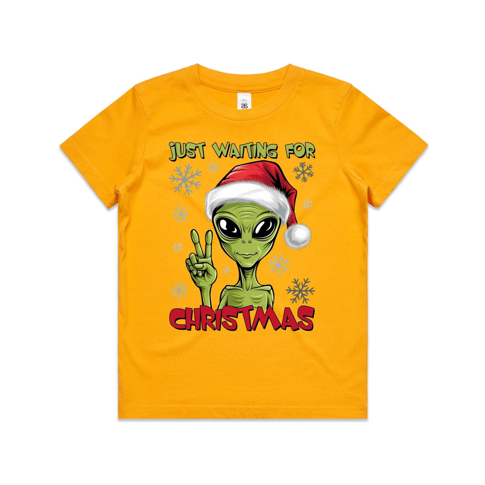 Just Waiting For Christmas, Alien - Kids Youth T-shirt Gold Kids Christmas T-shirt Christmas Printed In Australia