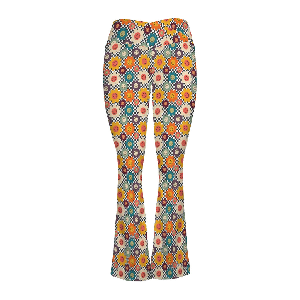 Happy Retro Flowers High Waist Crossover Tummy Control Flare Leggings High Waist Flare Leggings Printed Offshore Retro
