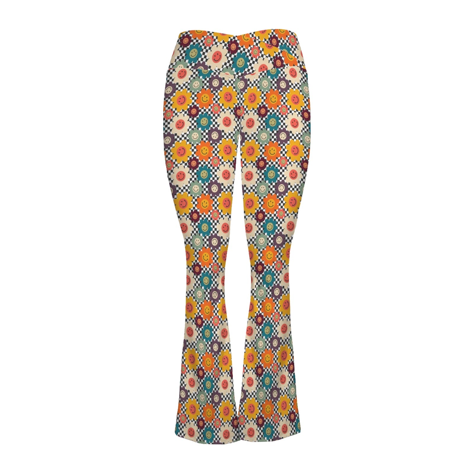 Happy Retro Flowers High Waist Crossover Tummy Control Flare Leggings High Waist Flare Leggings Printed Offshore Retro