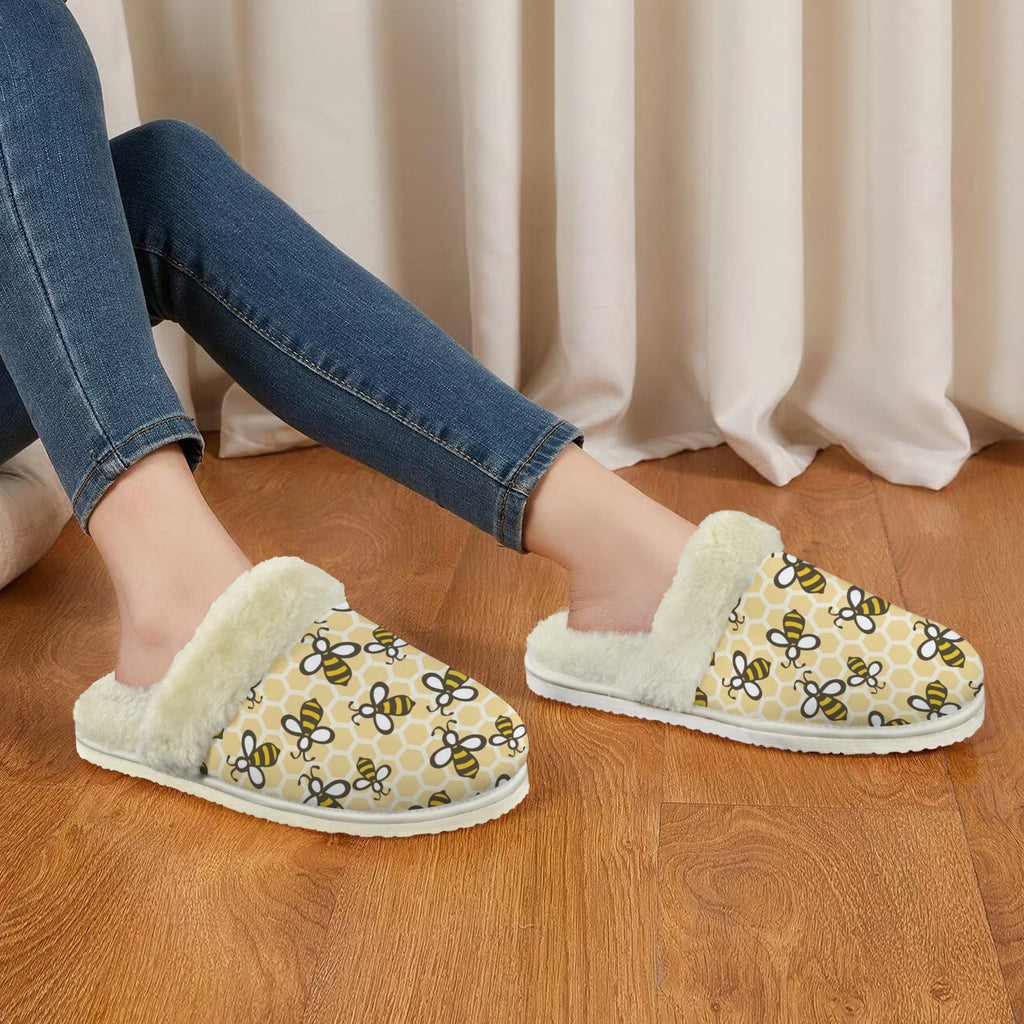 Bees Women's Fur Trim Thick-Sole Indoor Slippers Women's Fur Trimmed Slippers animal Printed Offshore