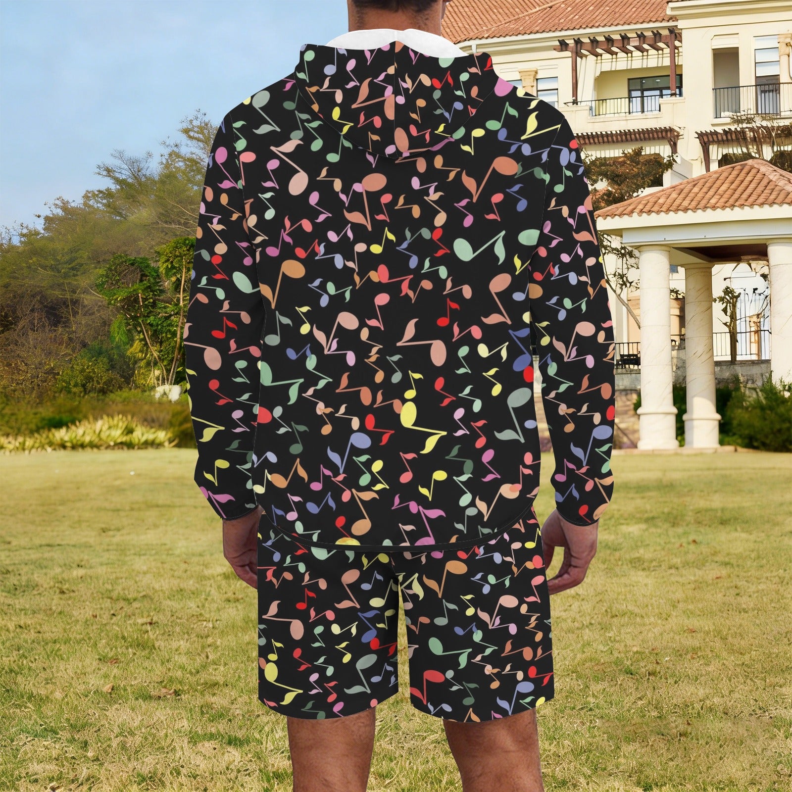 Quavers, Music Notes Men's Lightweight Sun Hoodie & Shorts Set Men's Lightweight Sun Hoodie & Shorts Music Printed Offshore