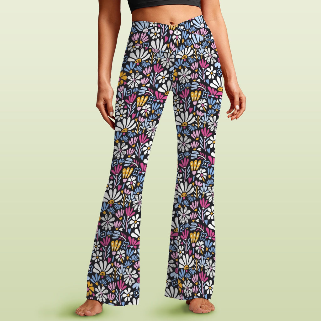 Graphic Flowers On Black High Waist Crossover Tummy Control Flare Leggings 5XL High Waist Flare Leggings Plants Printed Offshore