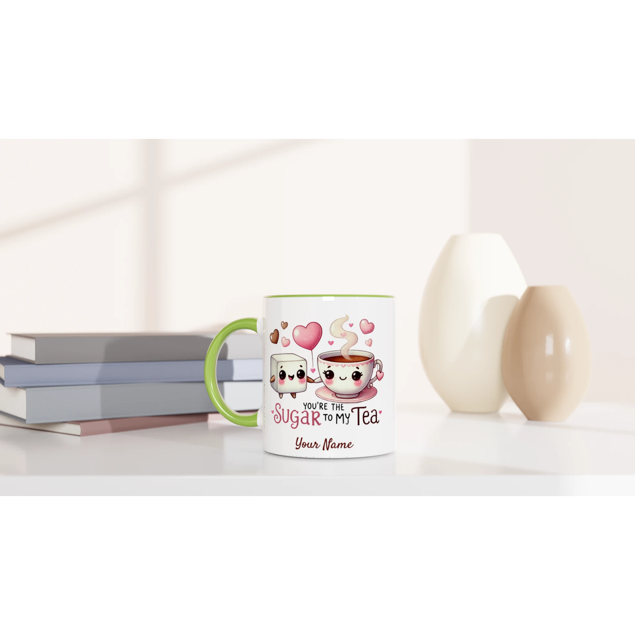 Personalised - You're The Sugar To My Tea, Valentine - White 11oz Ceramic Mug with Colour Inside Personalised 11oz Mug