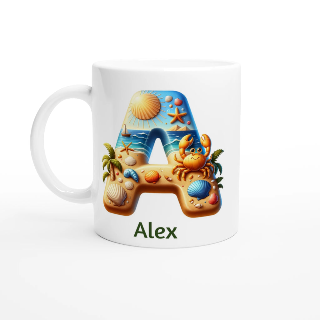 Personalised - Summer Beach Initials - White 11oz Ceramic Mug with Colour Inside Ceramic White Personalised 11oz Mug Customise Globally Fulfilled Personalise