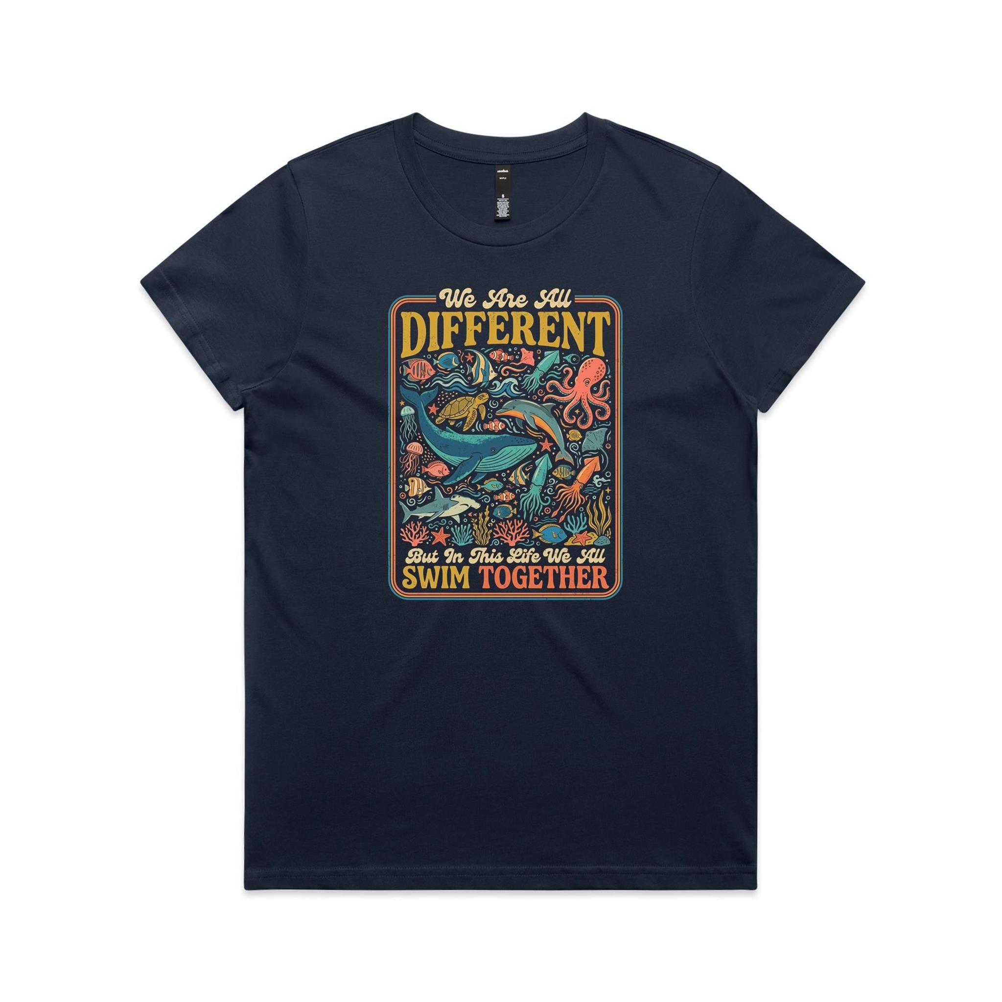 We Are All Different, But We All Swim Together - Women's AS Colour T-shirt Midnight Blue Womens T-shirt animal Ocean Positivity Printed In Australia