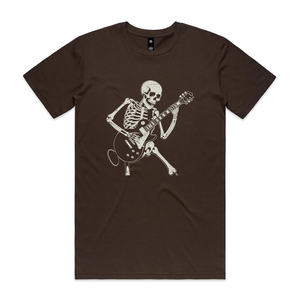 Skeleton Playing Guitar Men's AS Colour T-shirt Dark Chocolate Mens T-shirt Music Printed In Australia