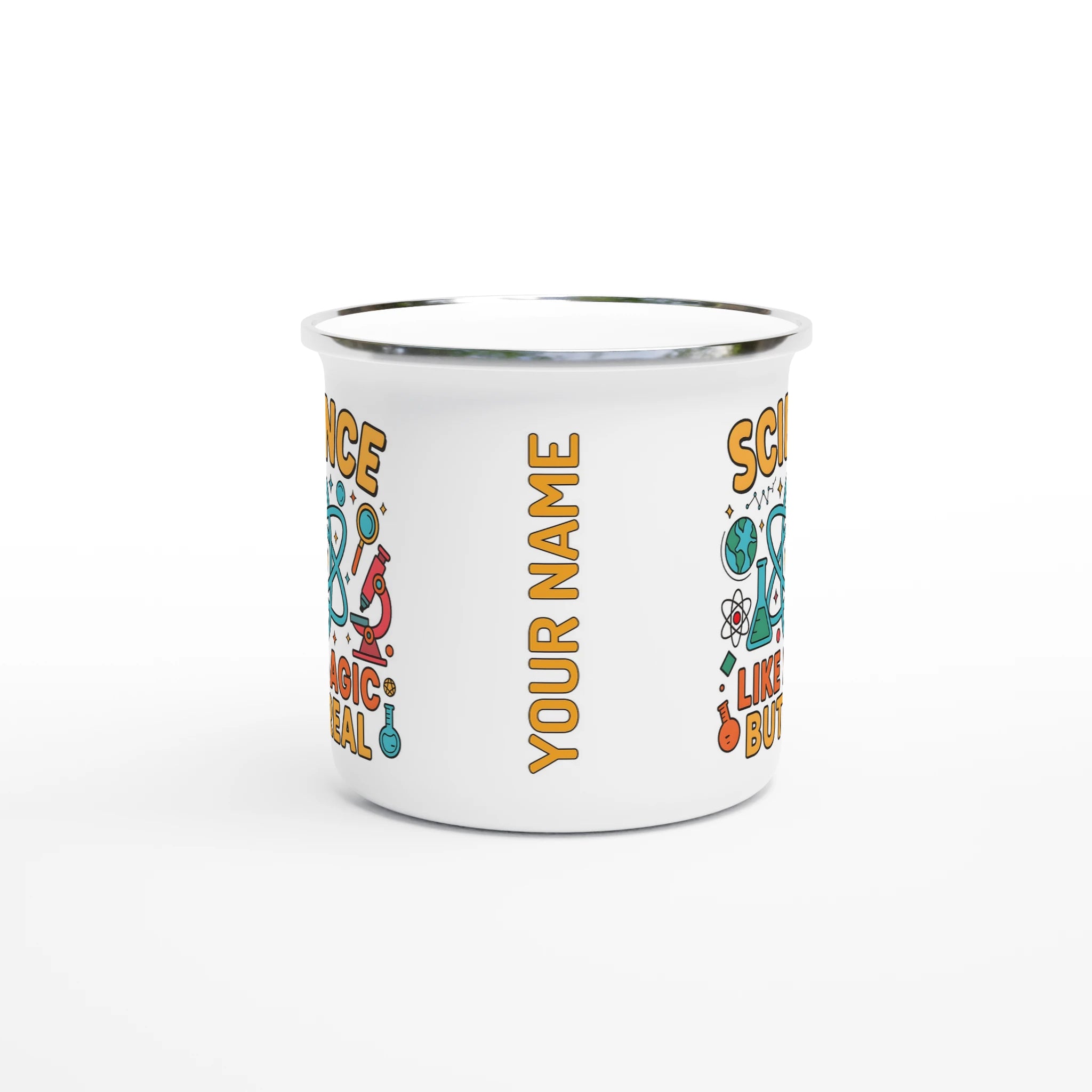 Personalised - Science, Like Magic But Real - White 12oz Enamel Mug Personalised Enamel Mug Globally Fulfilled Science