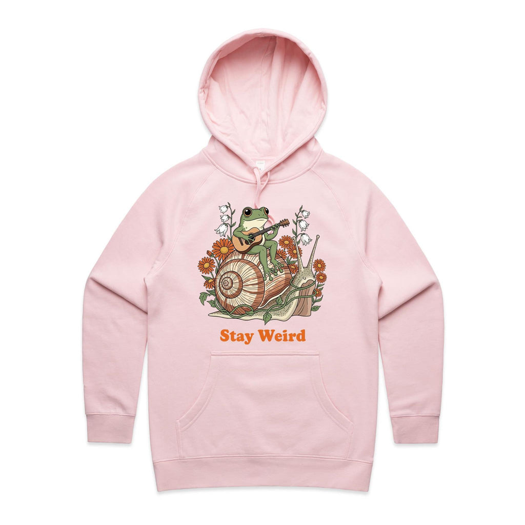 Stay Weird, Guitar Playing Frog On A Snail Women's AS Colour Hoodie Pink Womens Hoodie animal Music Printed In Australia