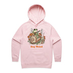 Stay Weird, Guitar Playing Frog On A Snail Women's AS Colour Hoodie Pink Womens Hoodie animal Music Printed In Australia