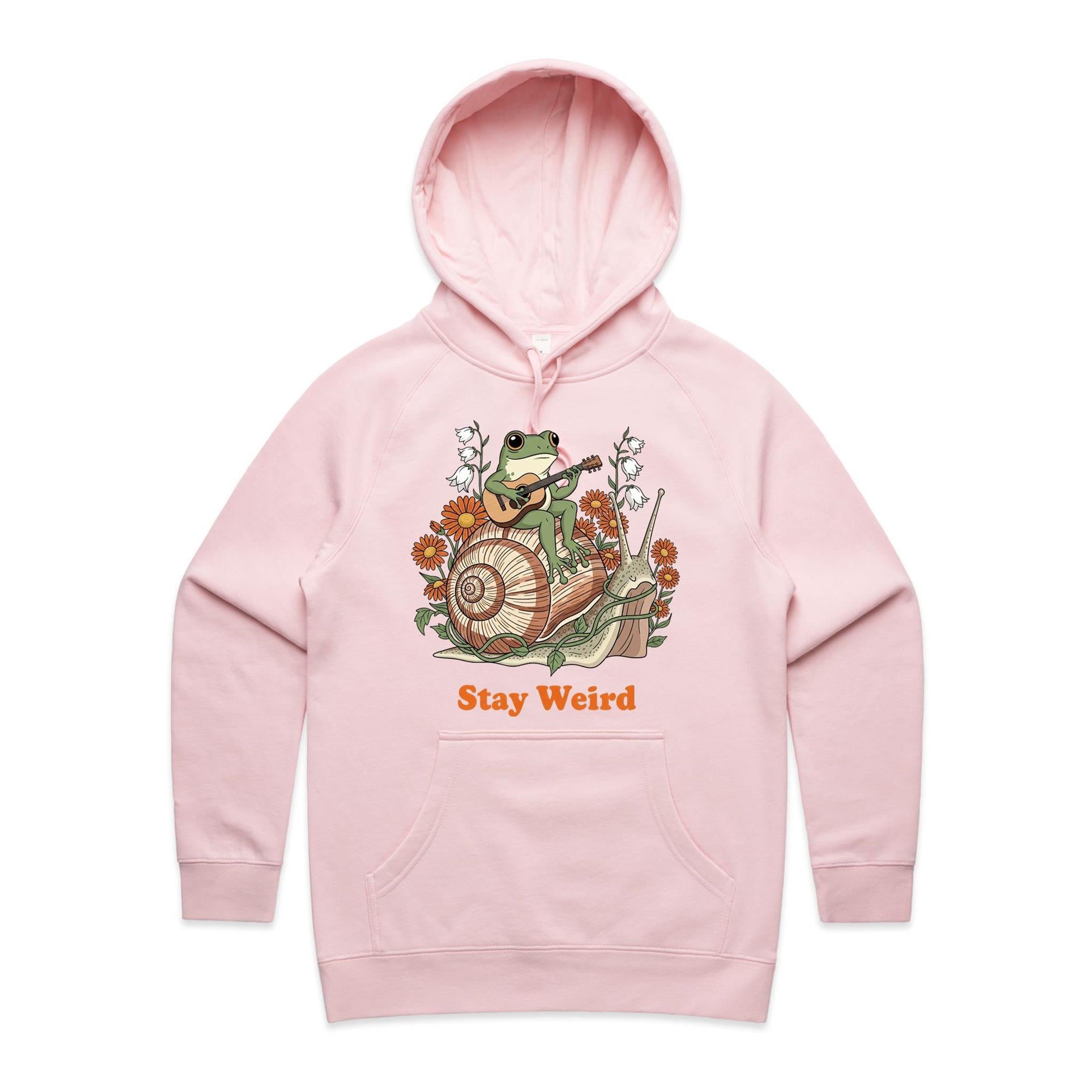 Stay Weird, Guitar Playing Frog On A Snail Women's AS Colour Hoodie Pink Womens Hoodie animal Music Printed In Australia