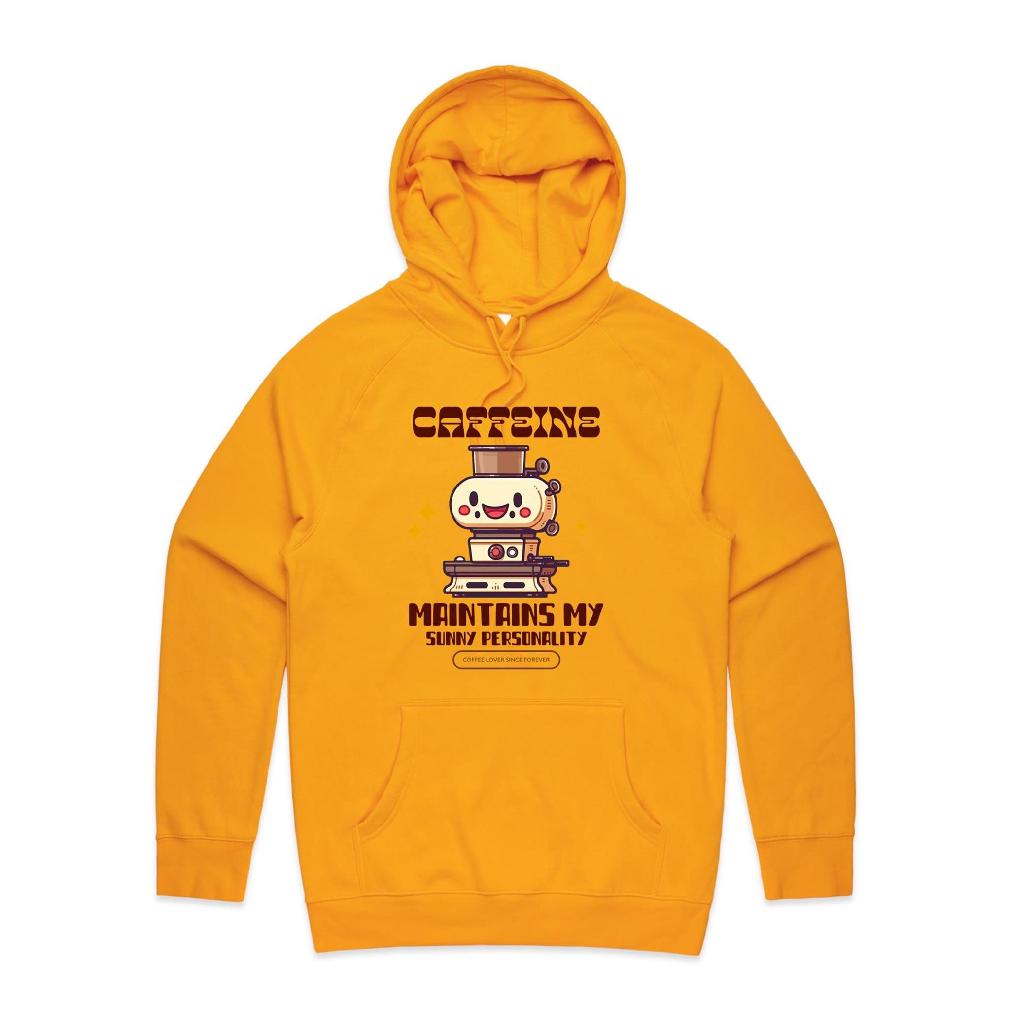 Caffeine Maintains My Sunny Personality - Mens Hoodie Gold Mens Hoodie Coffee Printed In Australia