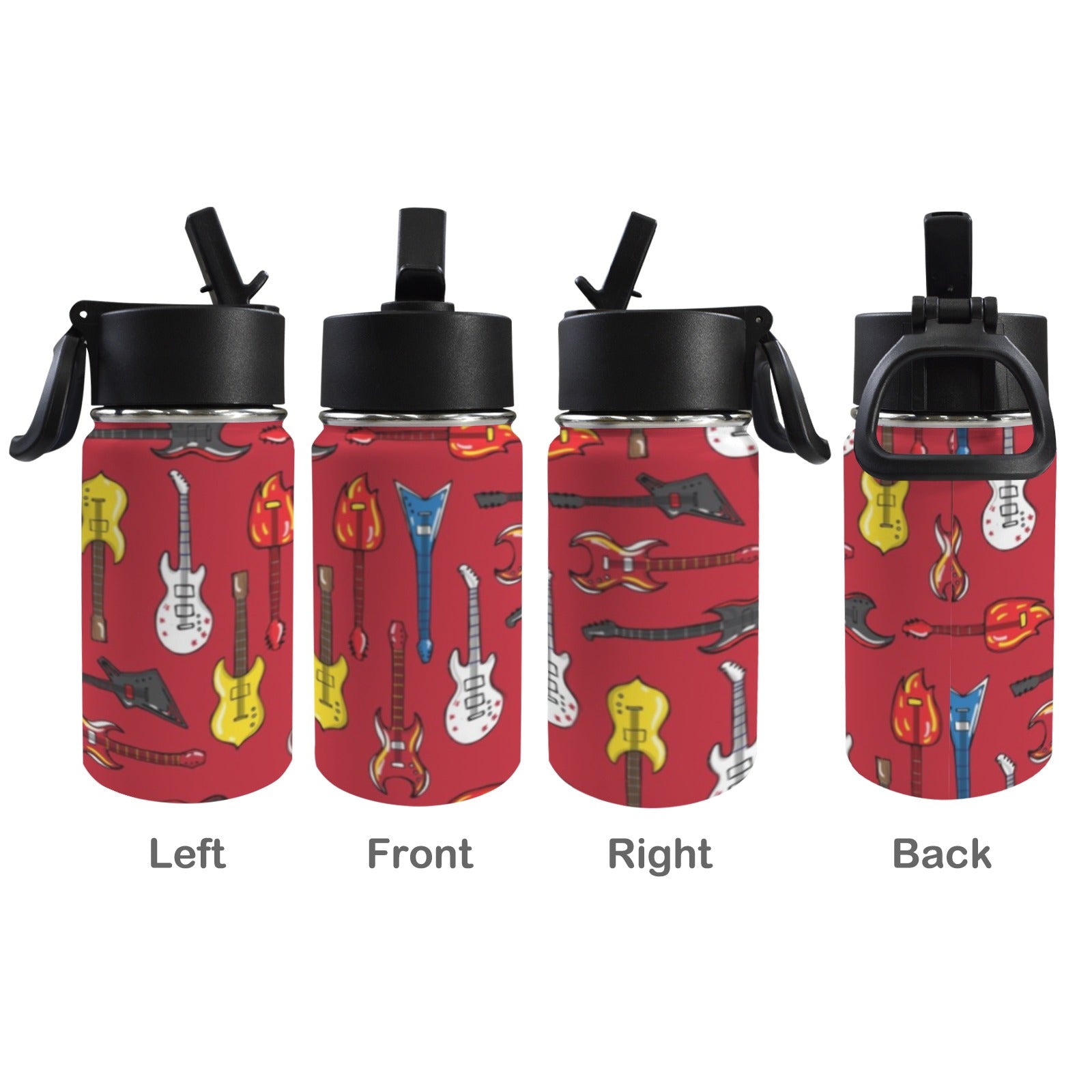 Guitars On Red 12oz Kids Water Bottle with Straw Lid