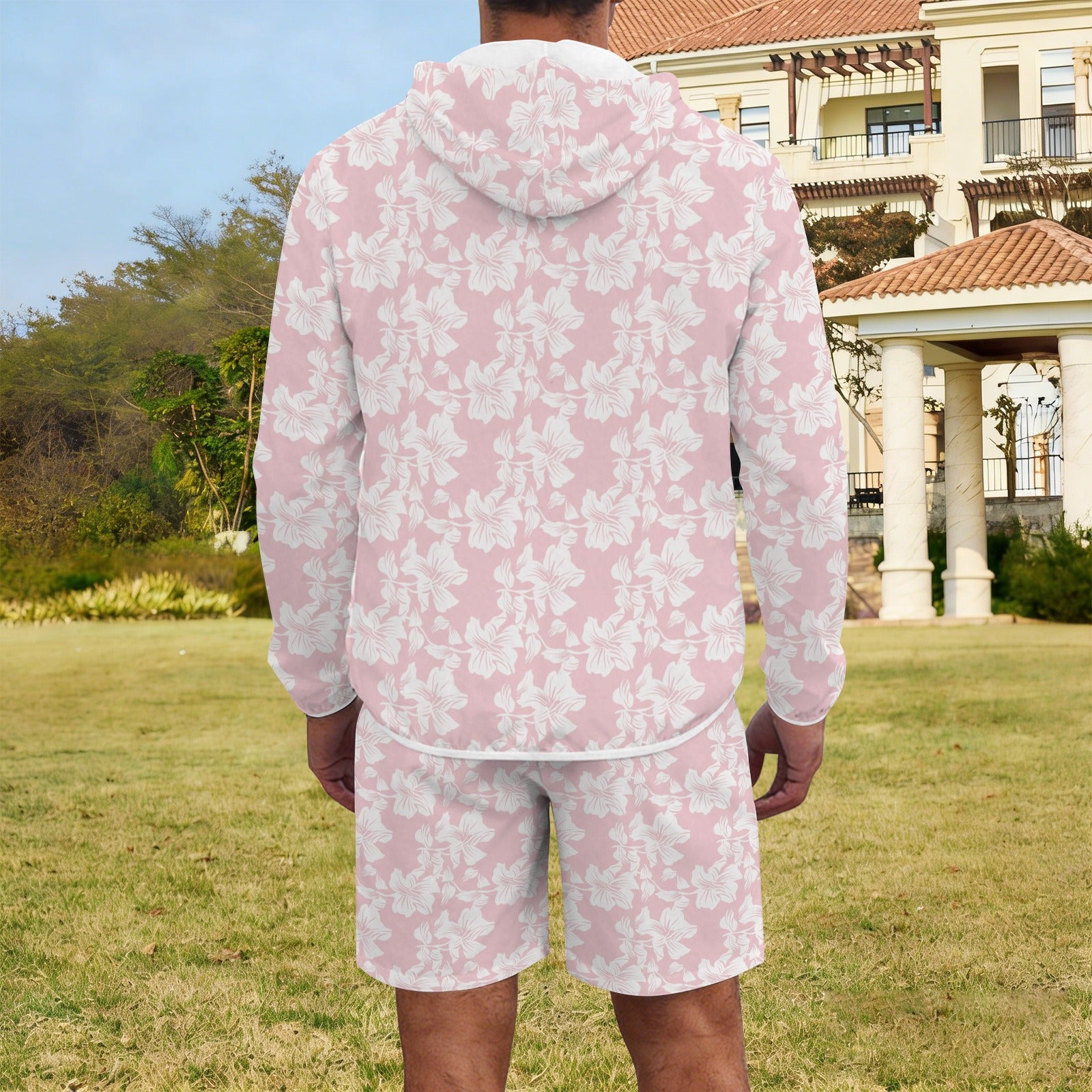 Pink Hawaiian Floral Men's Lightweight Sun Hoodie & Shorts Set Men's Lightweight Sun Hoodie & Shorts Plants Printed Offshore