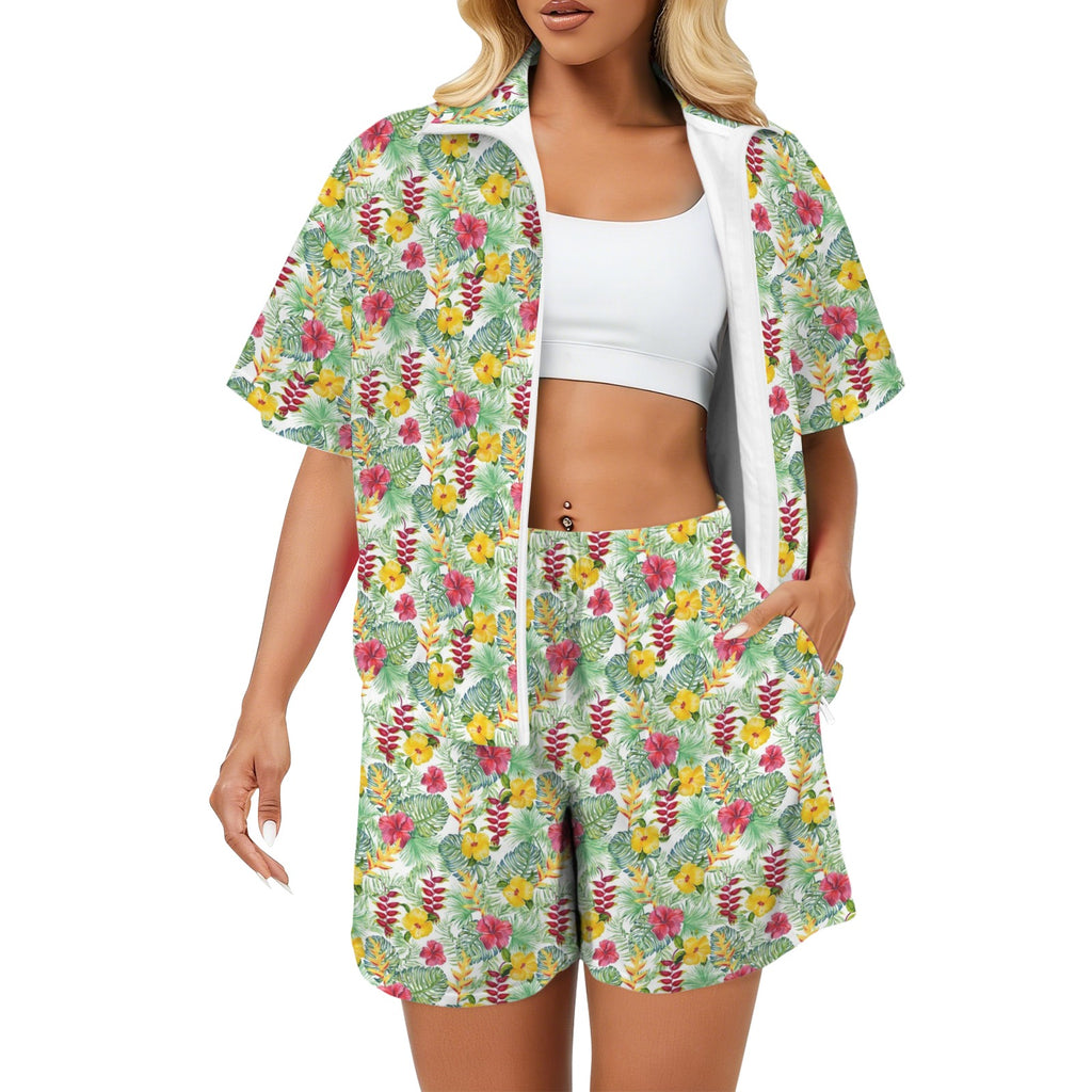 Tropical Flowers On White Women's Windbreaker Short Set 2XL Women's Windbreaker Short Set Plants Printed Offshore