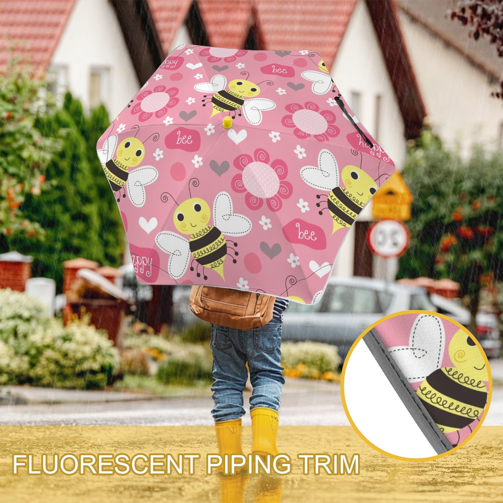 Bees On Pink Kids Safe Round Corner Umbrella Kids Safe Round Corner Umbrella animal Printed Offshore