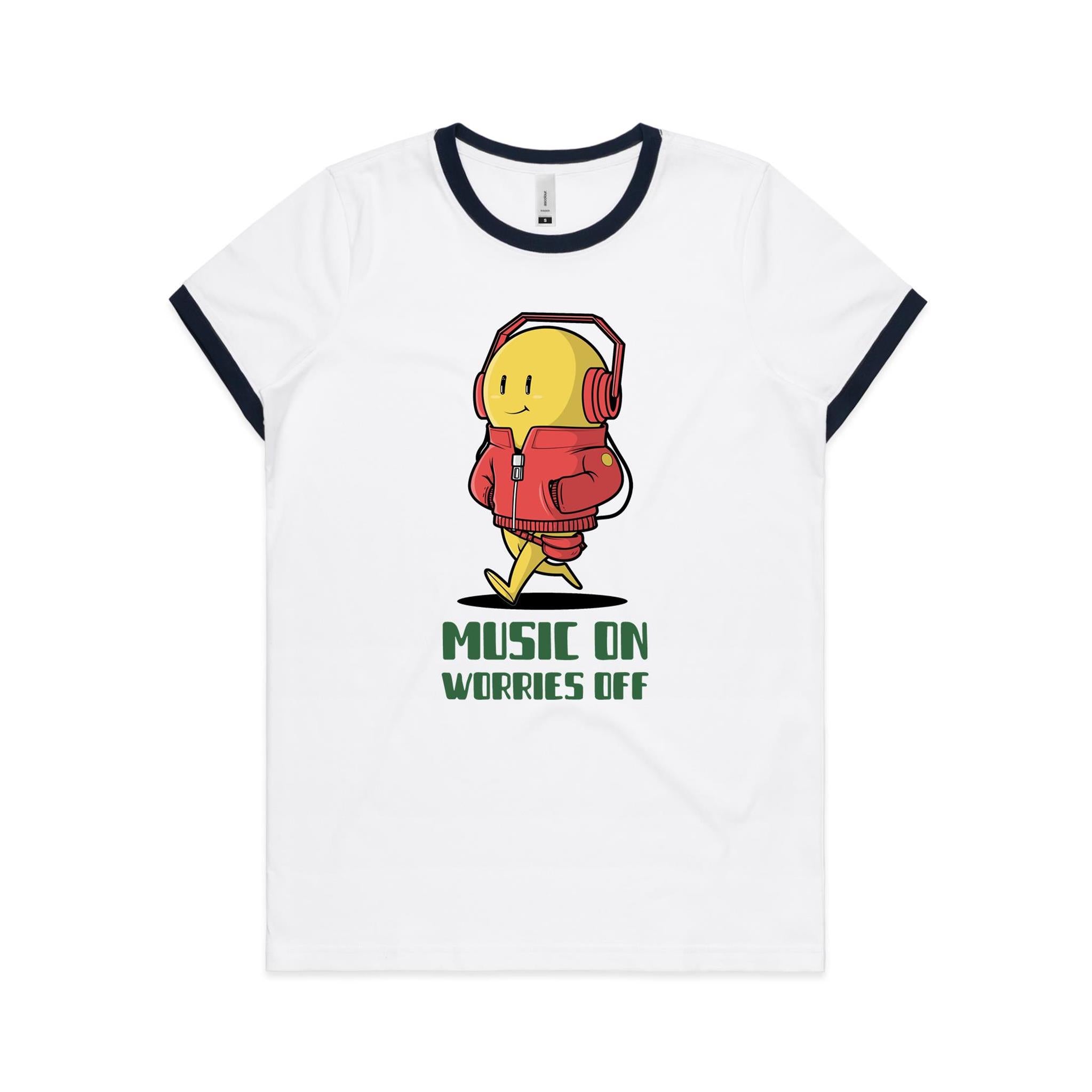 Music On, Worries Off - Women's Ringer Tee White Navy Womens Ringer T-shirt Music Printed In Australia