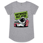 Astronaut, Anywhere But Here - Womens Scoop Neck T-Shirt Grey Marle Womens Scoop Neck T-shirt Printed In Australia Space