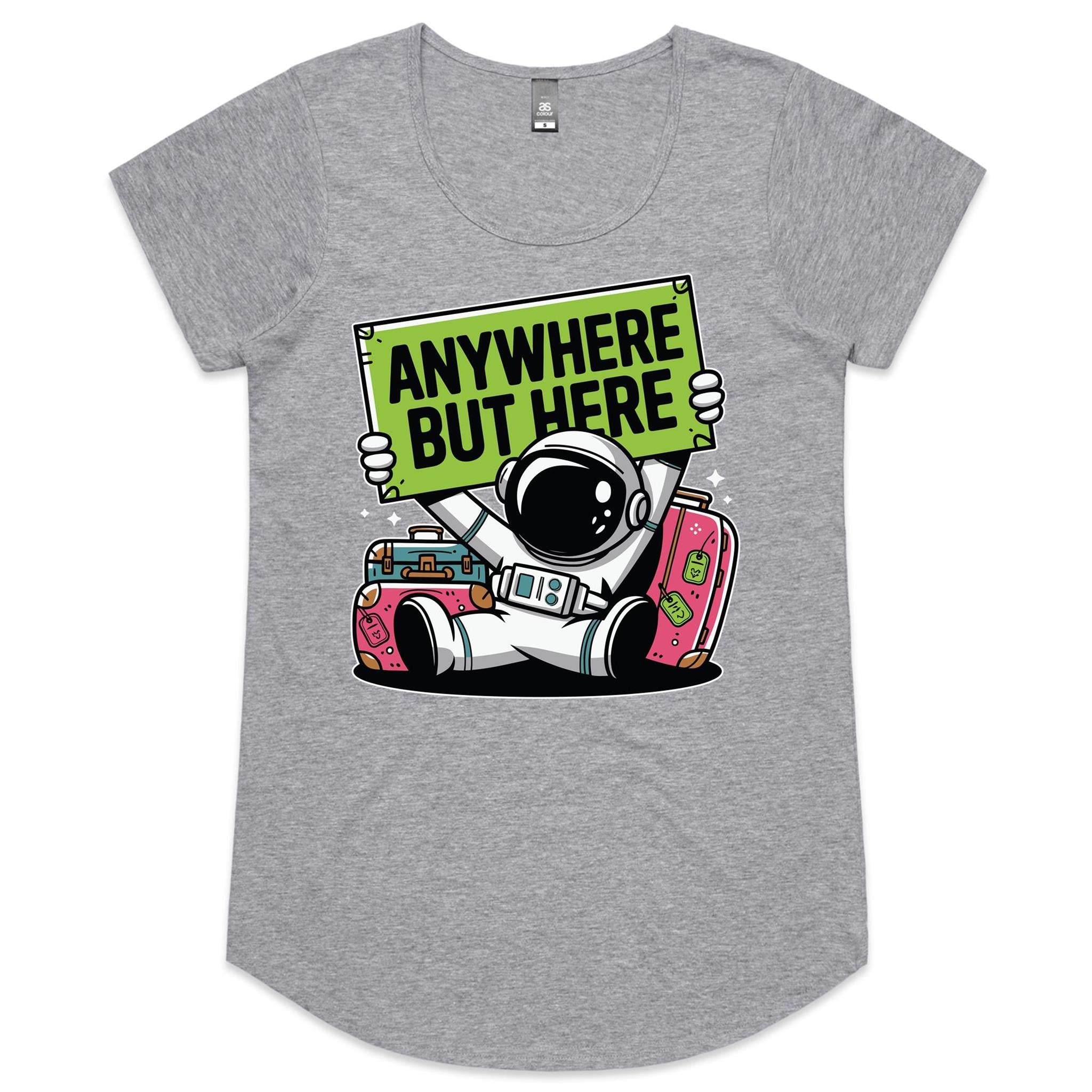 Astronaut, Anywhere But Here - Womens Scoop Neck T-Shirt Grey Marle Womens Scoop Neck T-shirt Printed In Australia Space