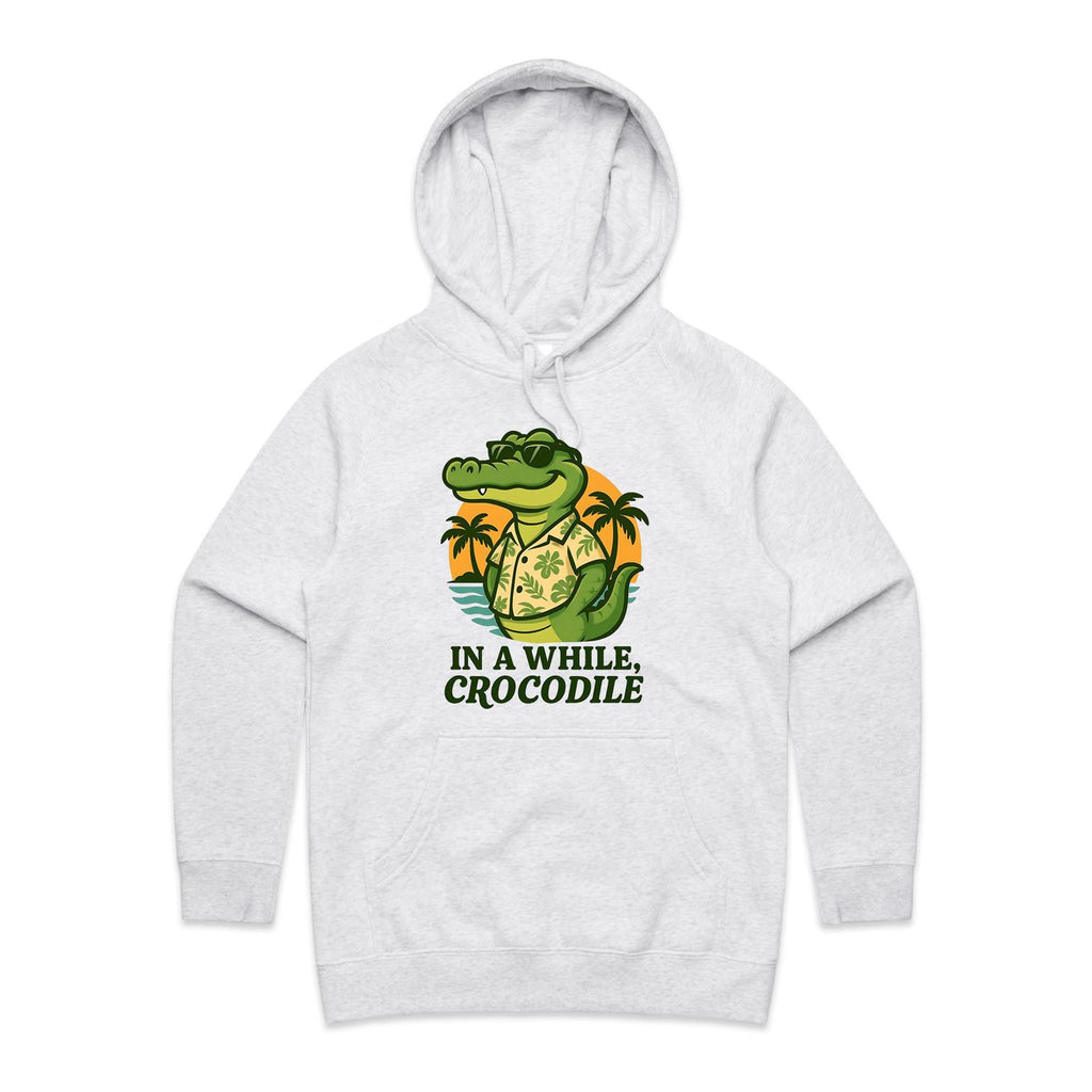 In A While, Crocodile Women's AS Colour Hoodie White Marle Womens Hoodie animal Printed In Australia