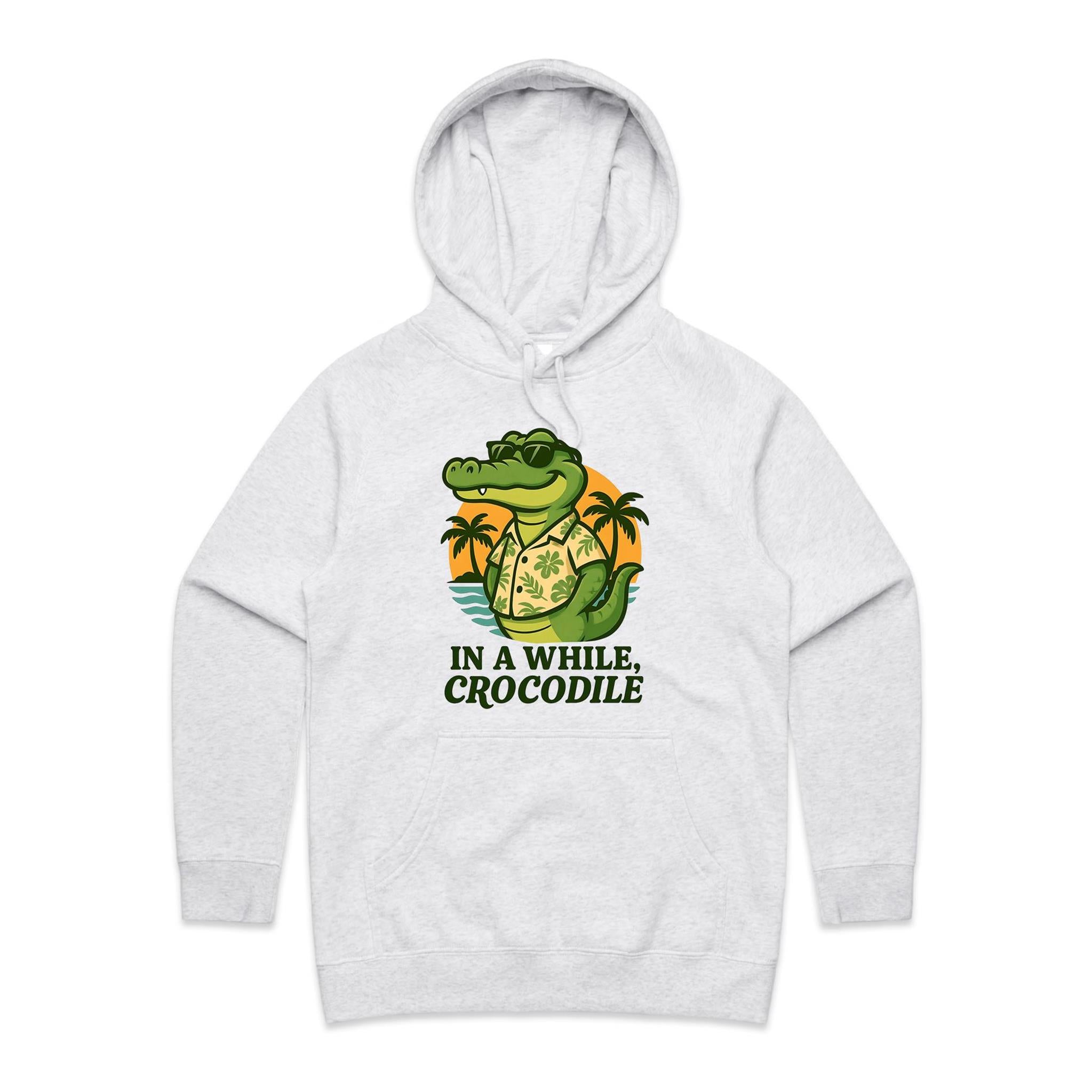 In A While, Crocodile Women's AS Colour Hoodie White Marle Womens Hoodie animal Printed In Australia