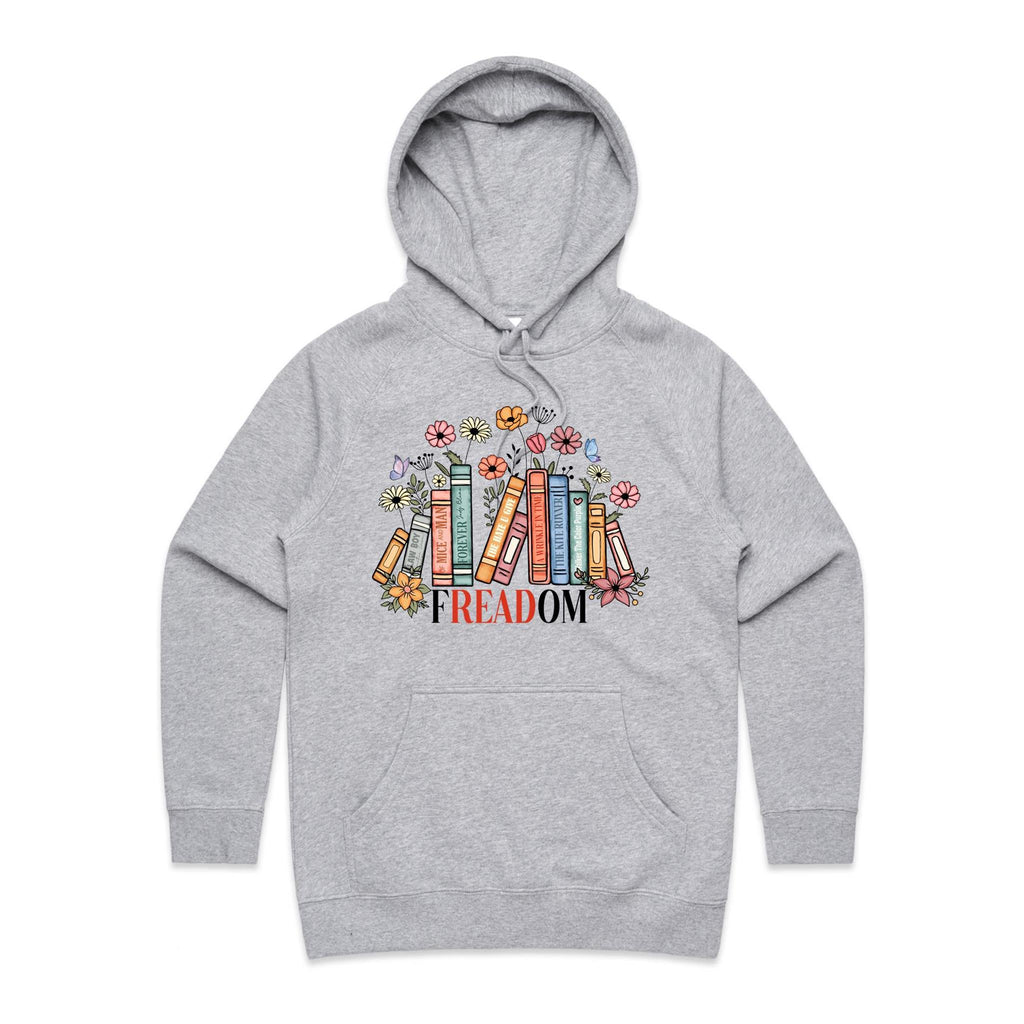 Freedom, Reading Books - Womens Hoodie Grey Marle Womens Hoodie Printed In Australia Reading