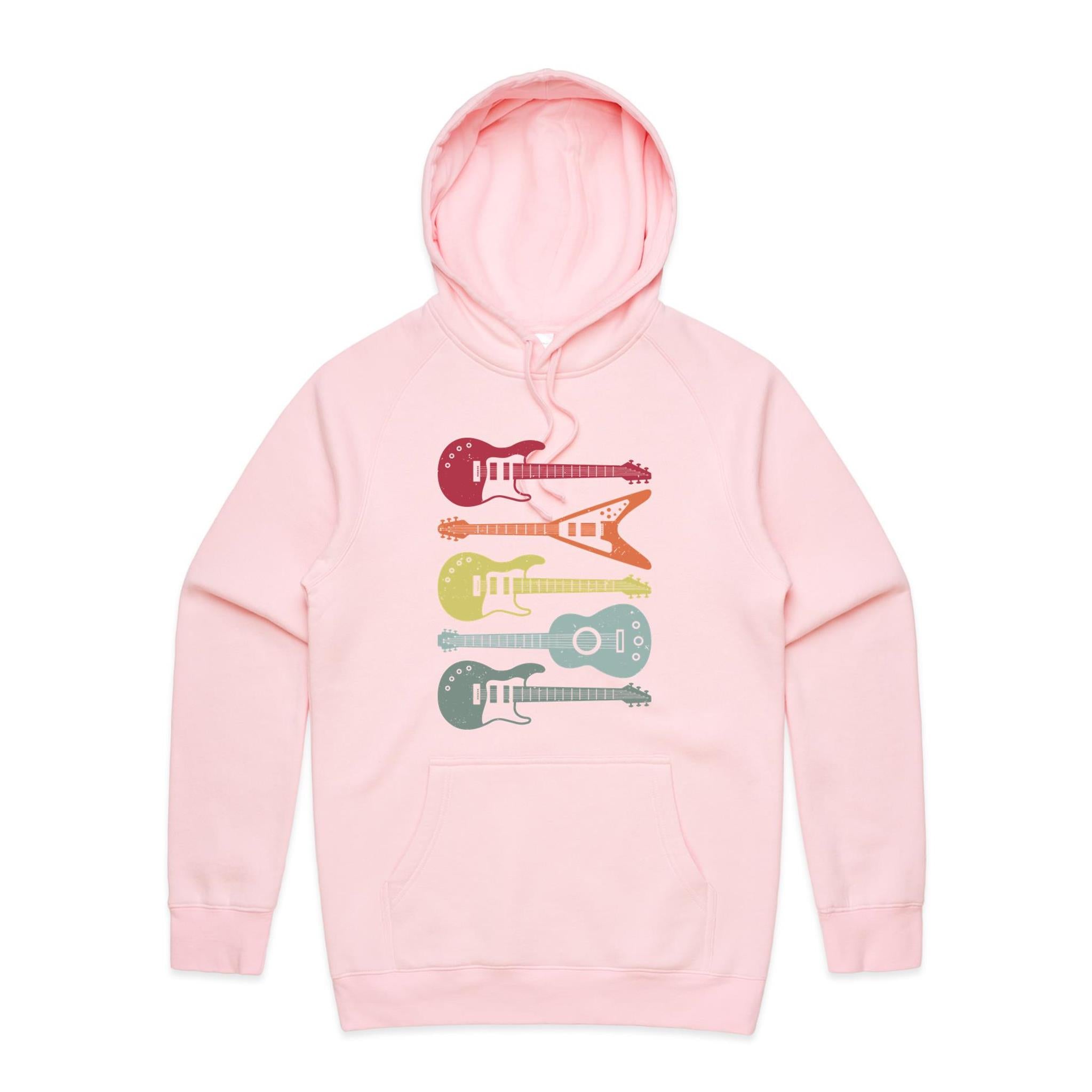 Retro Guitars - Mens Hoodie Pink Mens Hoodie Music Printed In Australia