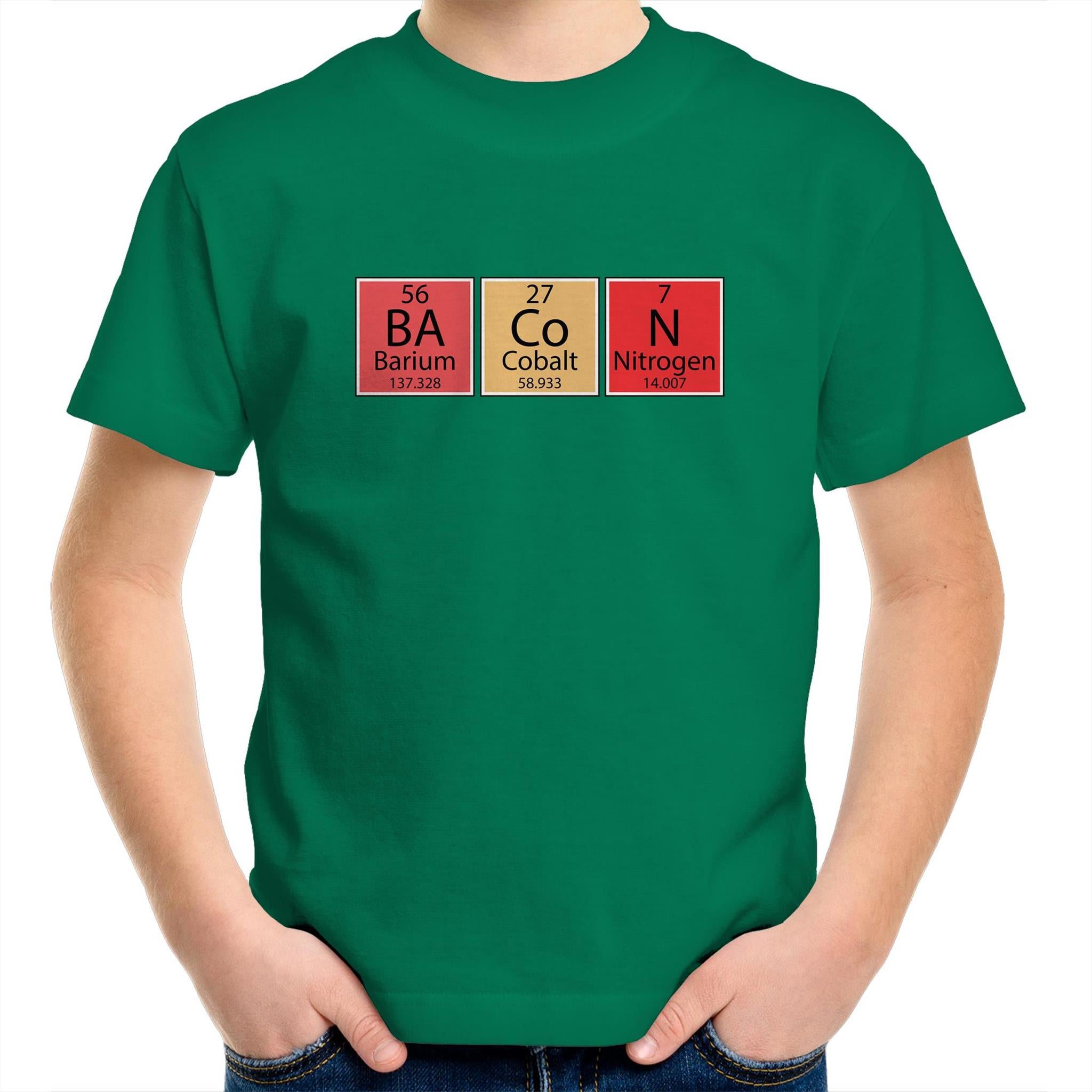 Bacon, Periodic Table - Kids Youth T-Shirt Kelly Green Kids Youth T-shirt Food Printed In Australia Science