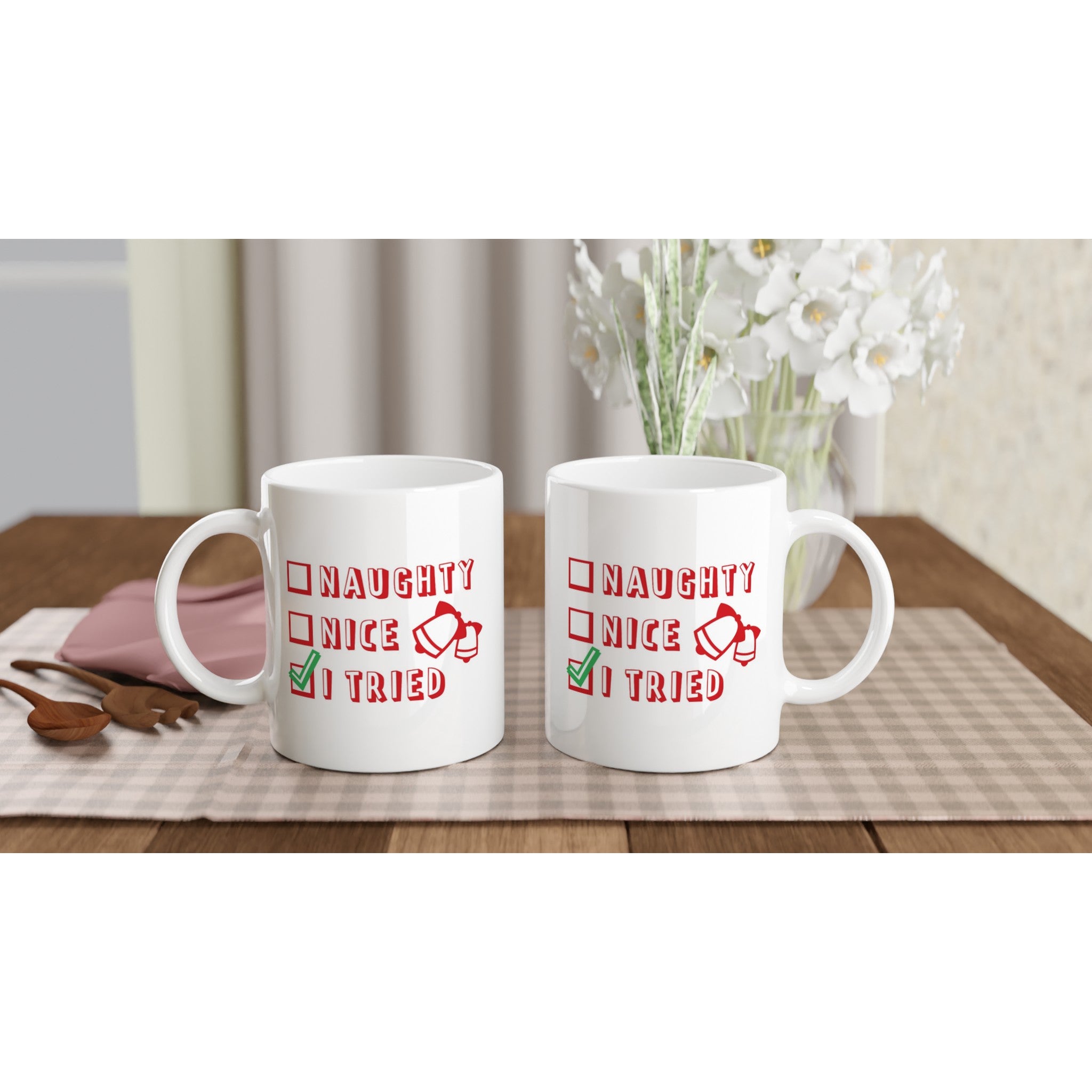 Santa's Christmas List, Naughty, Nice, I Tried - White 11oz Ceramic Mug Christmas Mug Christmas Globally Fulfilled