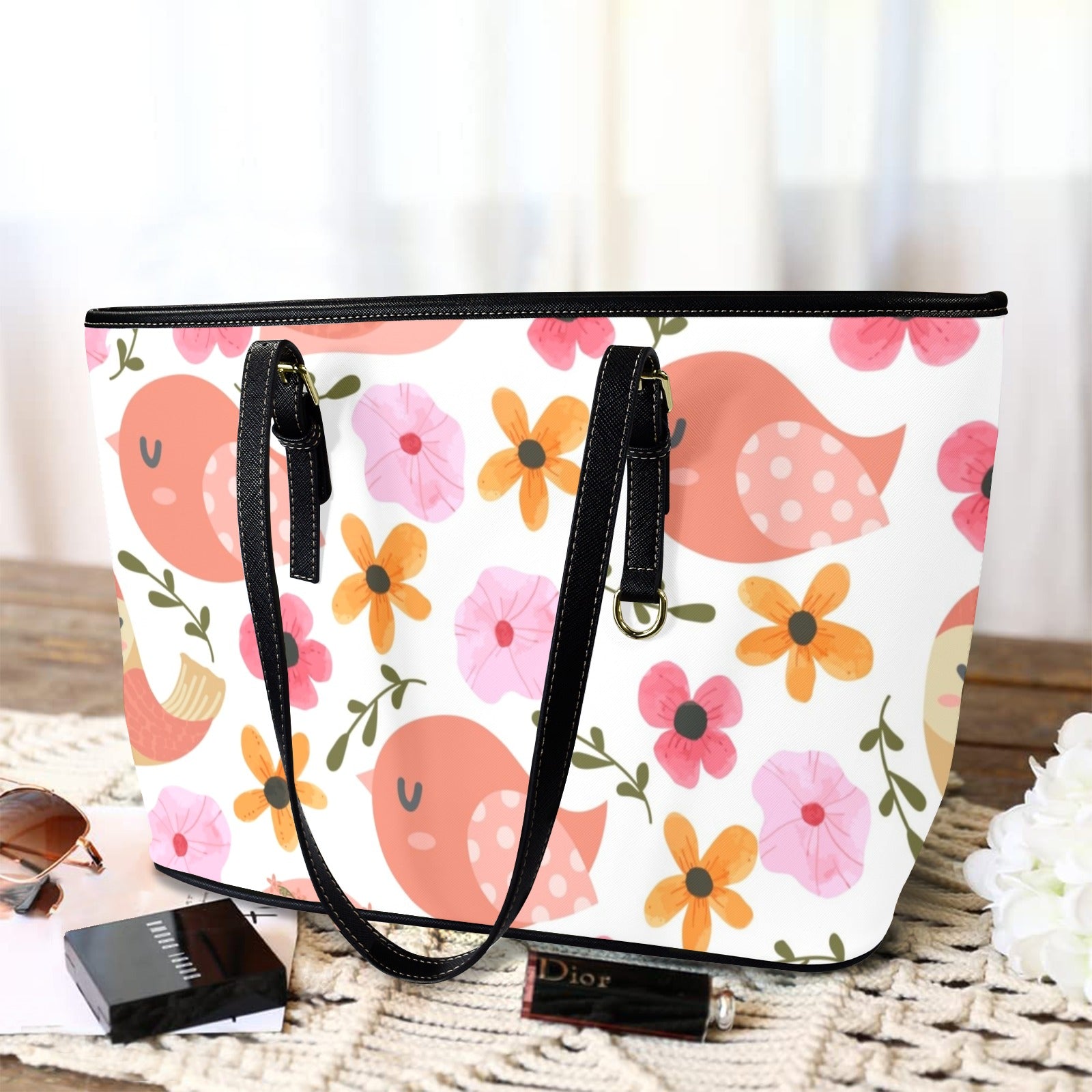 Lovely Birds - Leather Tote Bag-Large